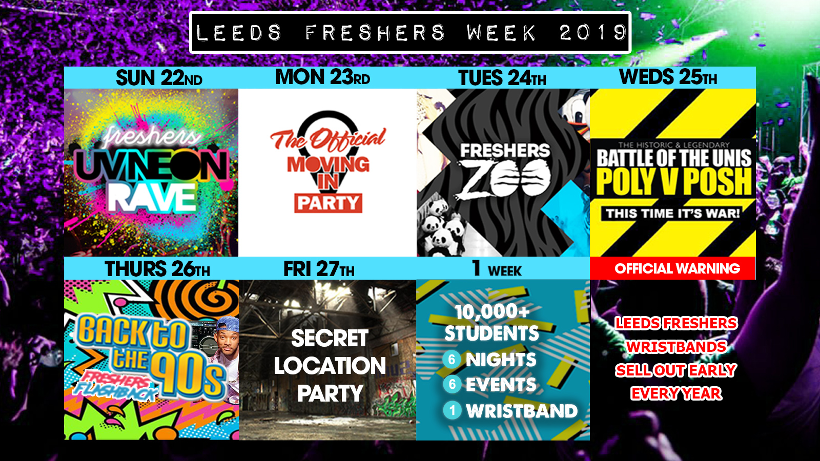 100 TICKETS ADDED Leeds freshers week wristband 2019 Fresher's UV