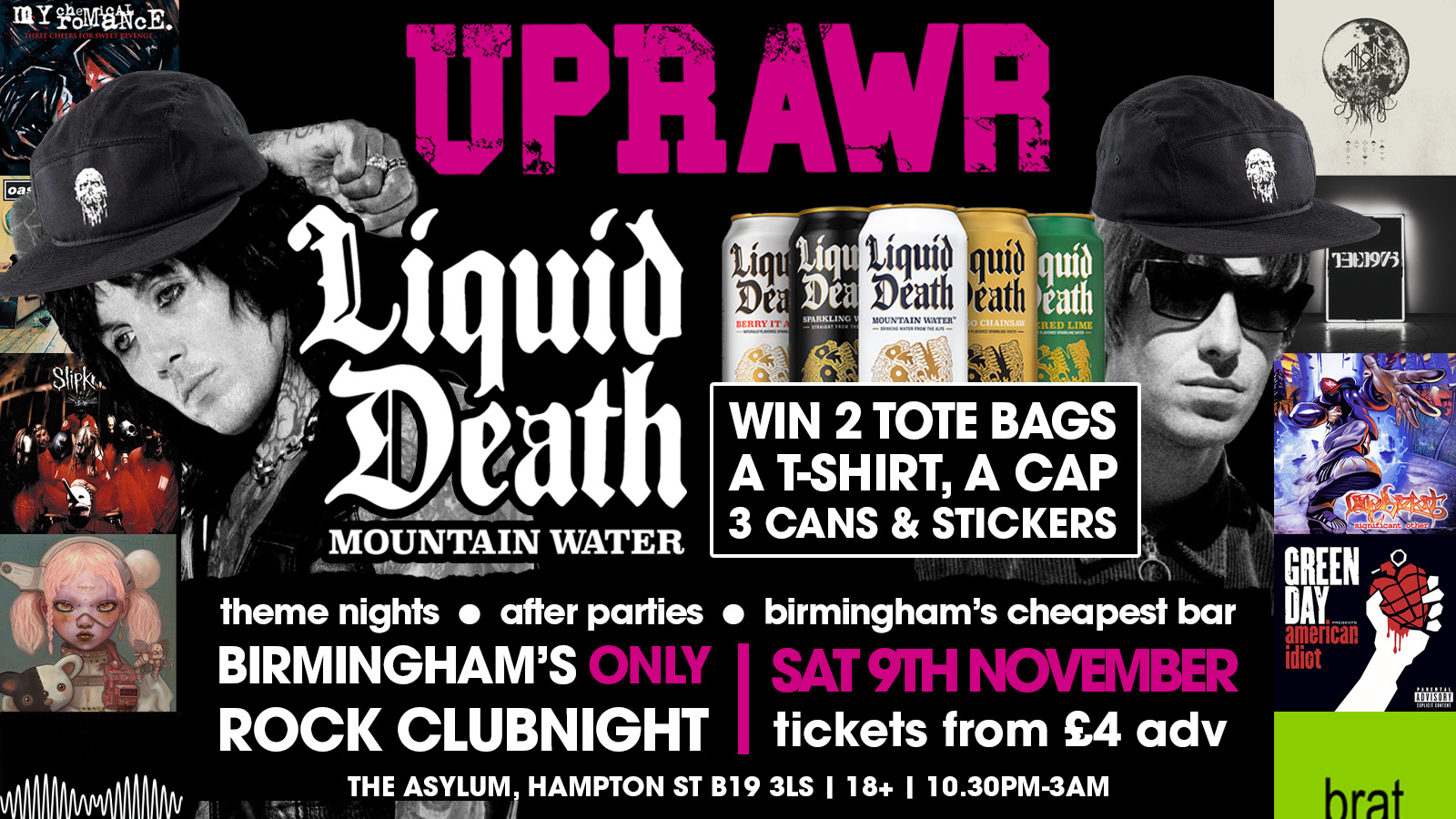 UPRAWR: WIN Liquid Death Bundle + Rock, Emo, Pop Punk, Indie & Nu Metal Clubnight!