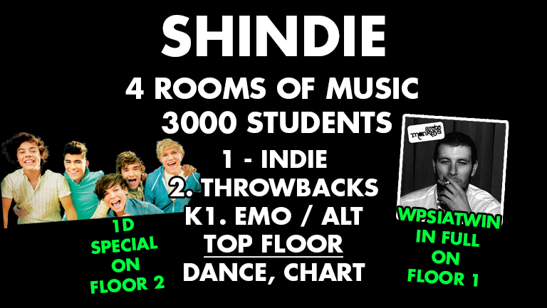 Shit Indie Disco – Shindie -Pre Halloween Party – PLUS 1 DIRECTION SPECIAL IN FLOOR 2!!!  And Arctic Monkeys Floor 1 – 🚨  FOUR ROOMS – Dance, Pop Chart / Indie / Throwbacks, Cheese / Emo  🚨 £3.50 VODKA DBLS ALL NIGHT 🚨