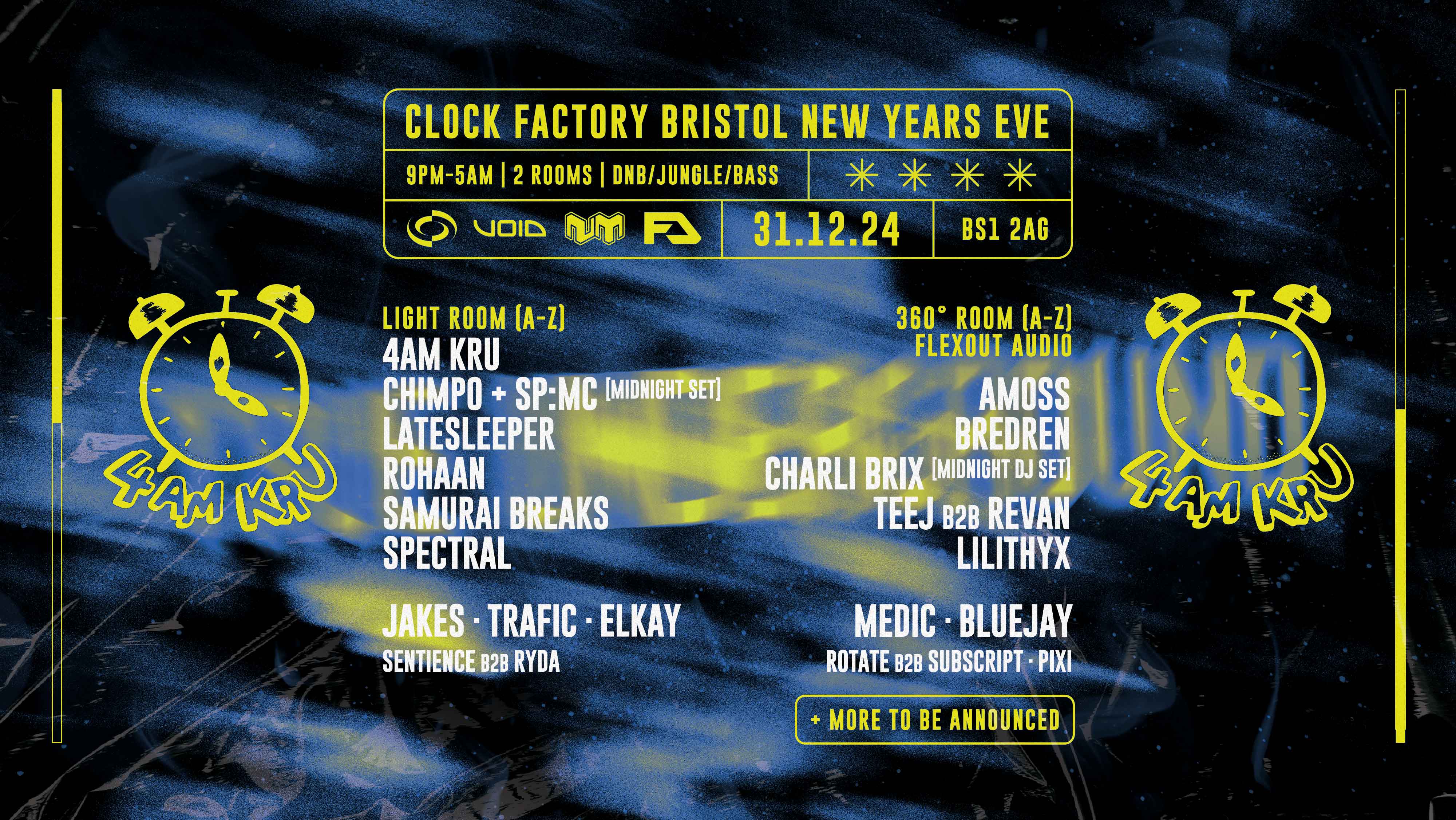 Clock Factory Bristol NYE • 4AM Kru, Chimpo + SP:MC, Samurai Breaks, Flexout Audio + More