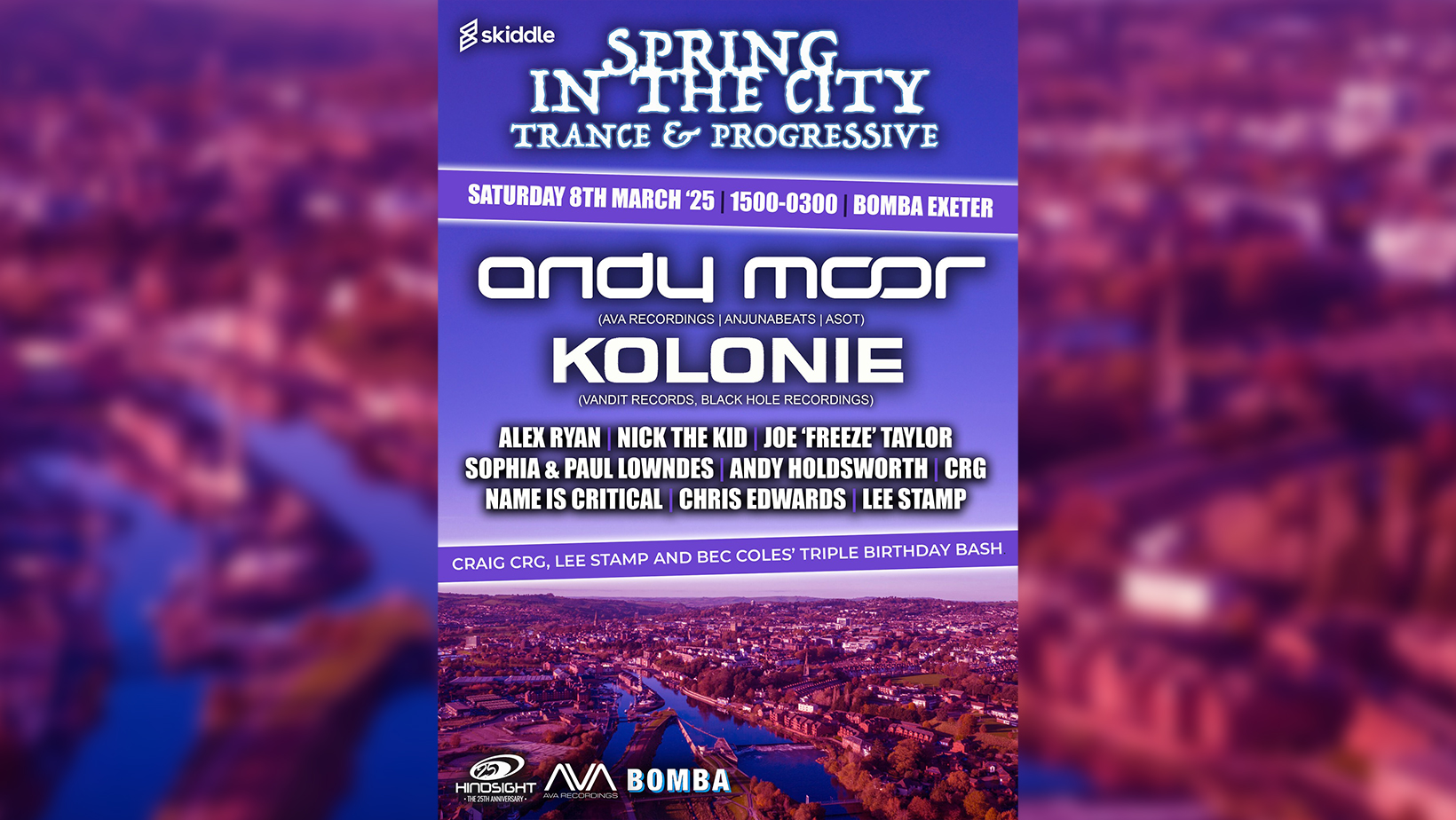 ANDY MOOR – KOLONIE – TRANCE & PROG – SPRING IN THE CITY – SAT 08 MARCH – BOMBA – EXETER