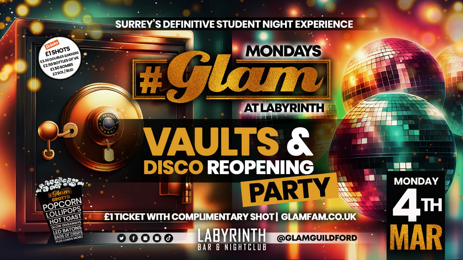 Glam – Disco🪩 and Vaults 😎 Re-Opening Party – Mondays at Labs 😻