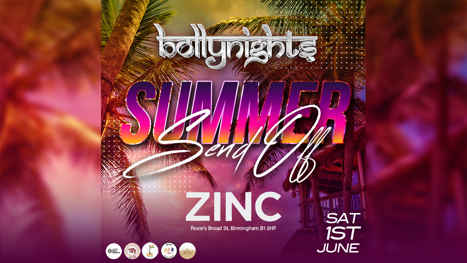 Bollynights Birmingham –  Saturday 1st June | Summer Sendoff in Zinc at Rosies