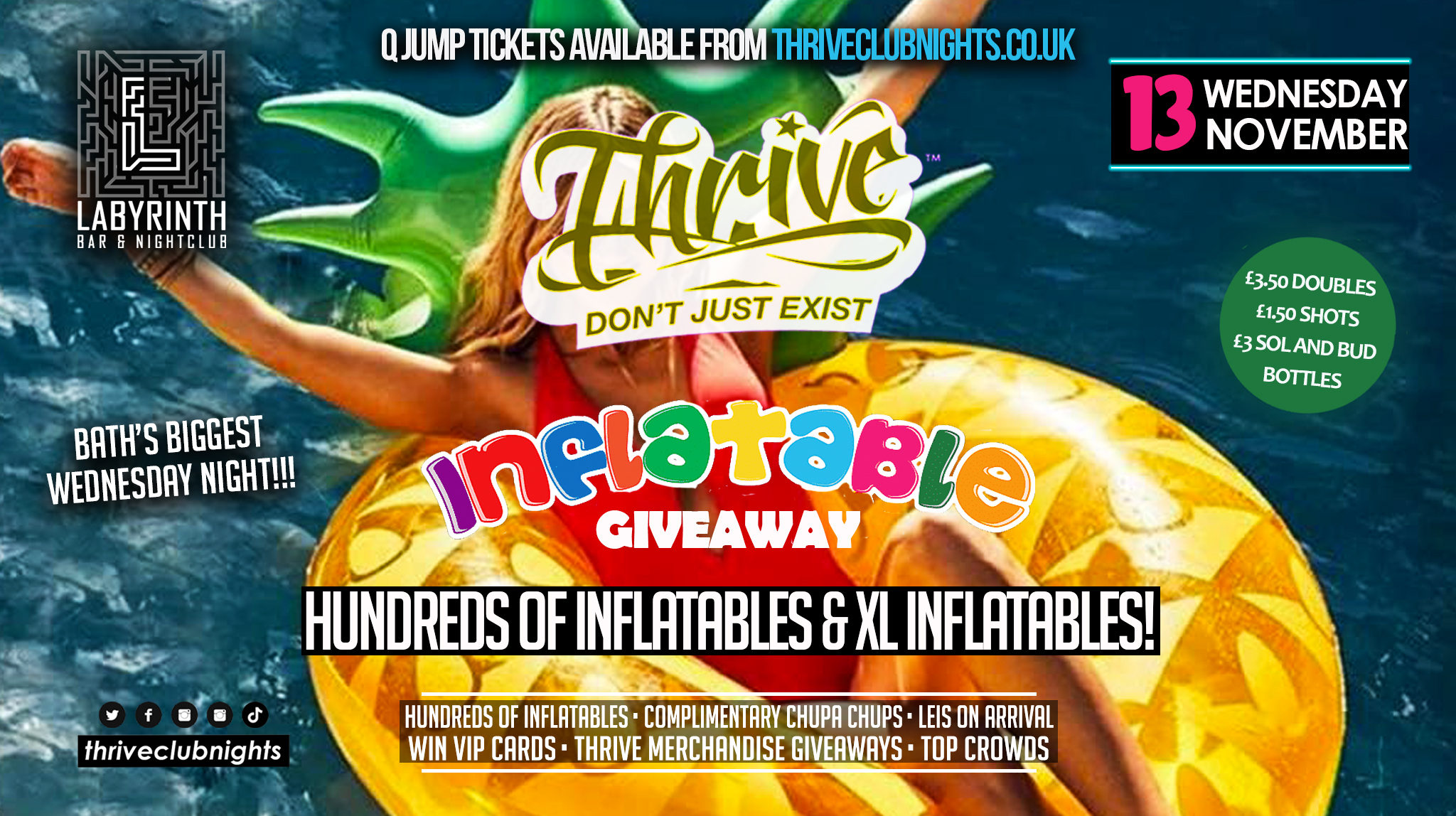 Thrive Wednesdays – 🐯 INFLATABLE GIVEAWAY! 🦄  Bath’s Best Wednesday Night! 🥳