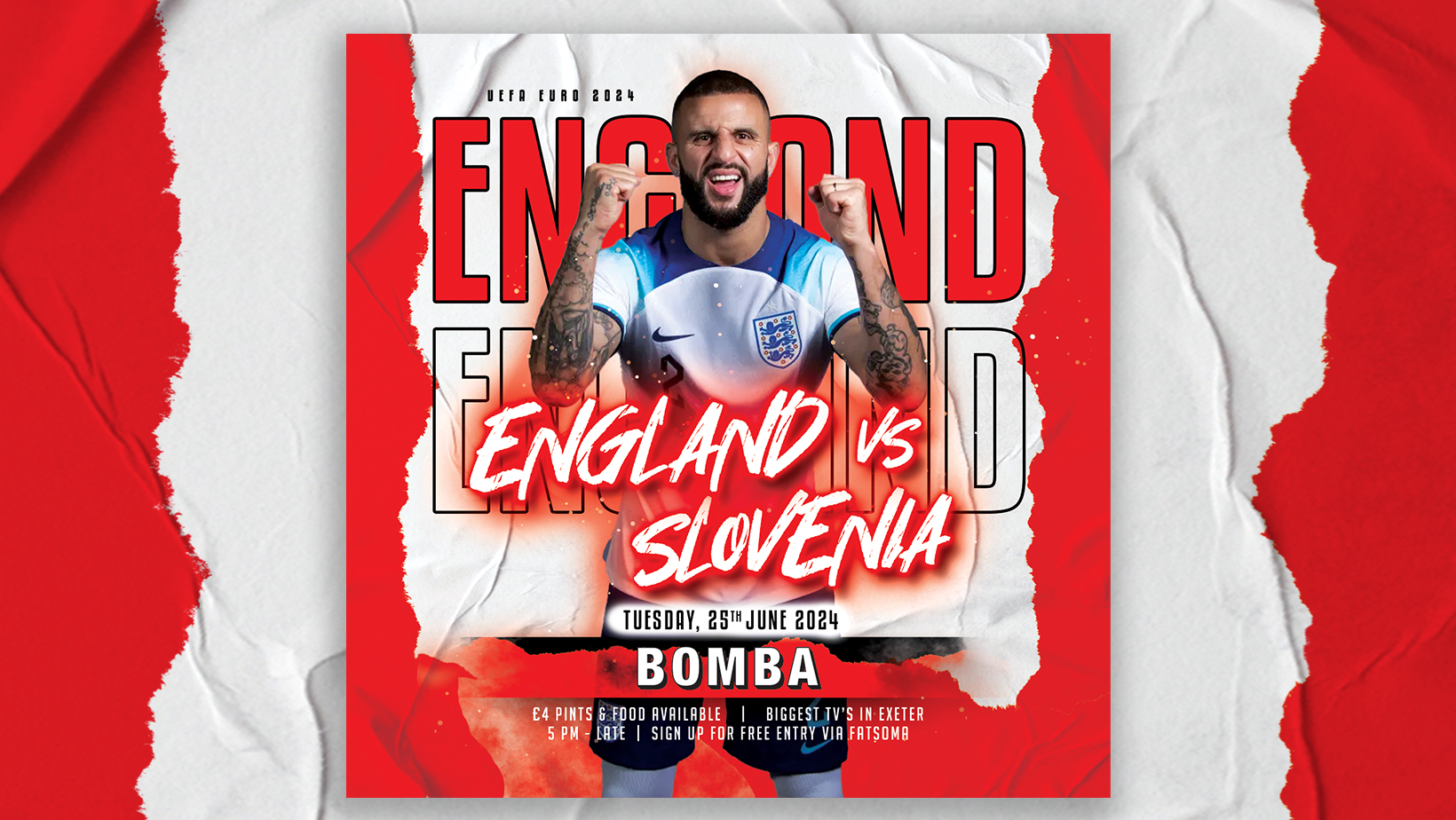 England VS Slovenia – Euro’s Football 2024 – Tues 25 June – Bomba – Exeter Quay