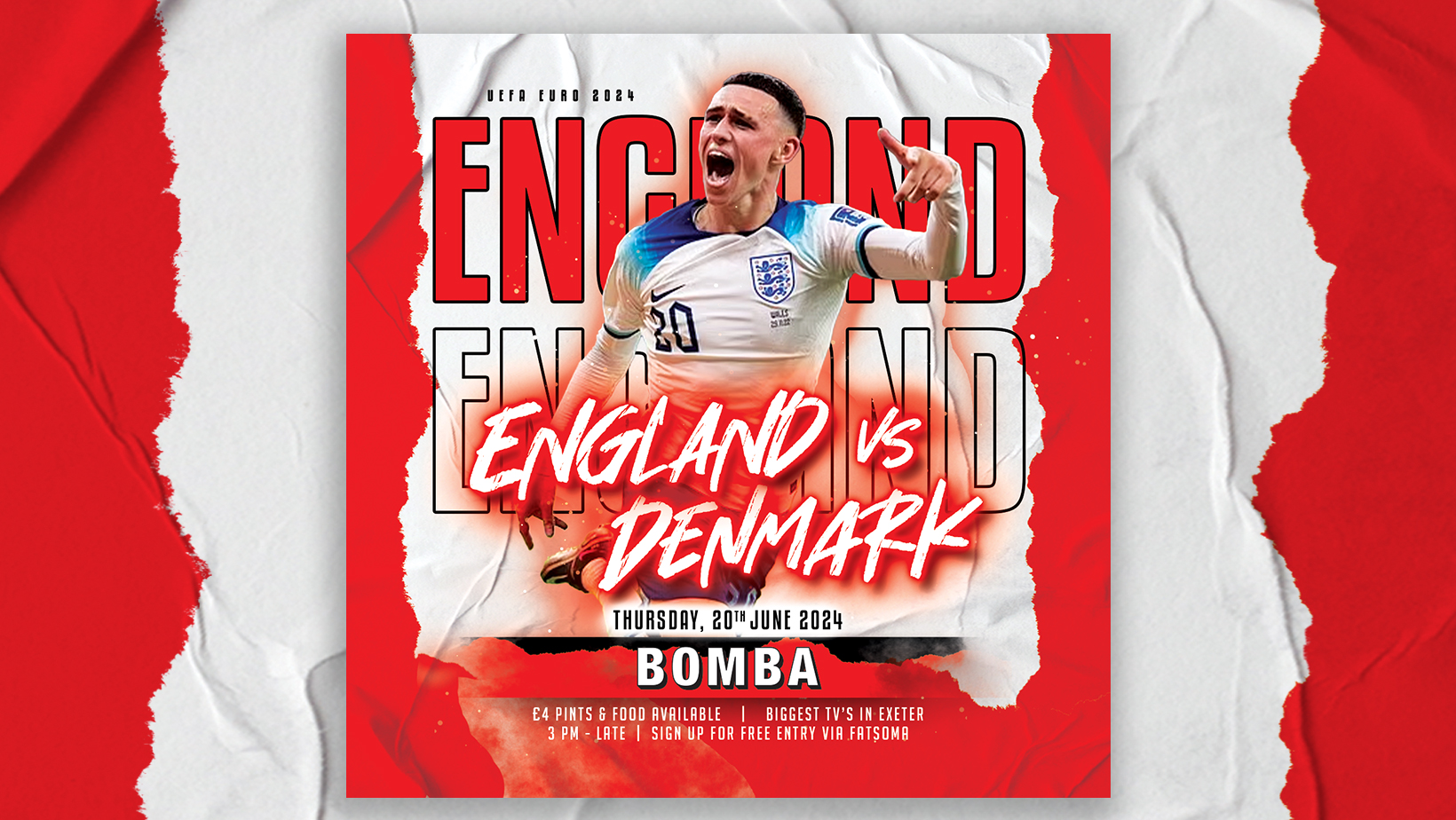 England VS Denmark – Euro’s Football 2024 – Thurs 20 June – Bomba – Exeter Quay