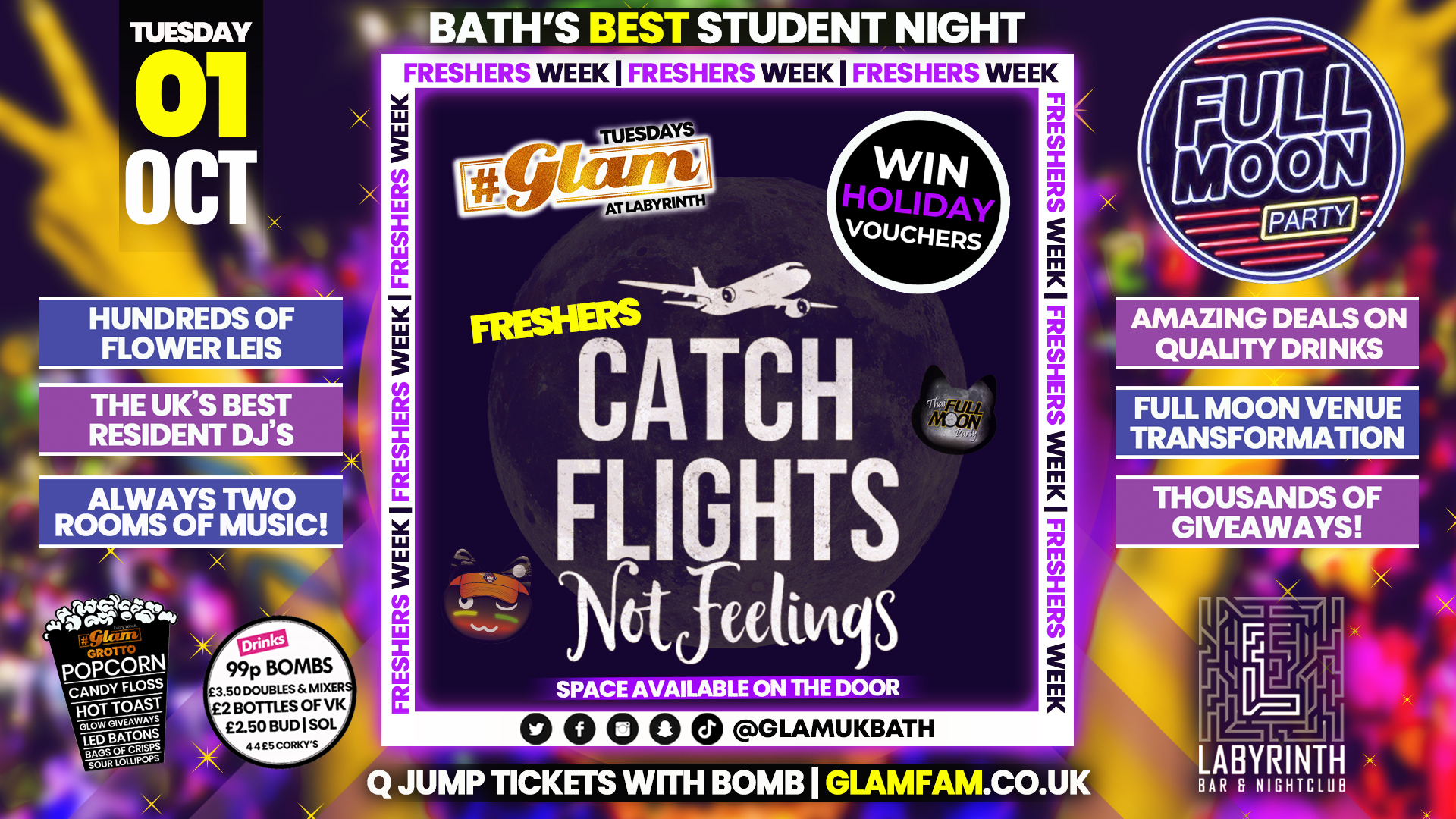 Glam – ✈️ CATCH FLIGHTS NOT FEELINGS – FULL MOON PARTY!! 🌕 Bath’s Best Student Night | Tuesdays at Labs 😻