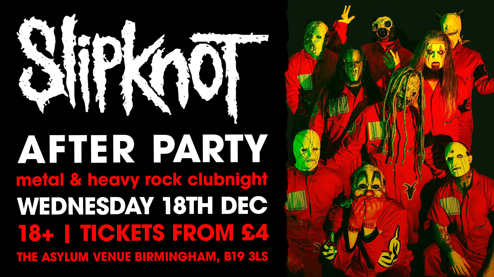 Slipknot Birmingham After Party: Metal and Rock Clubnight (Final Release Tickets On Sale Now)