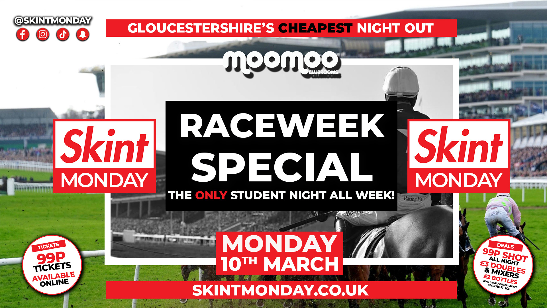 🤑 SKINT MONDAYS 💰RACEWEEK TAKEOVER! 🏇 Same great Drinks and Ticket Deals!