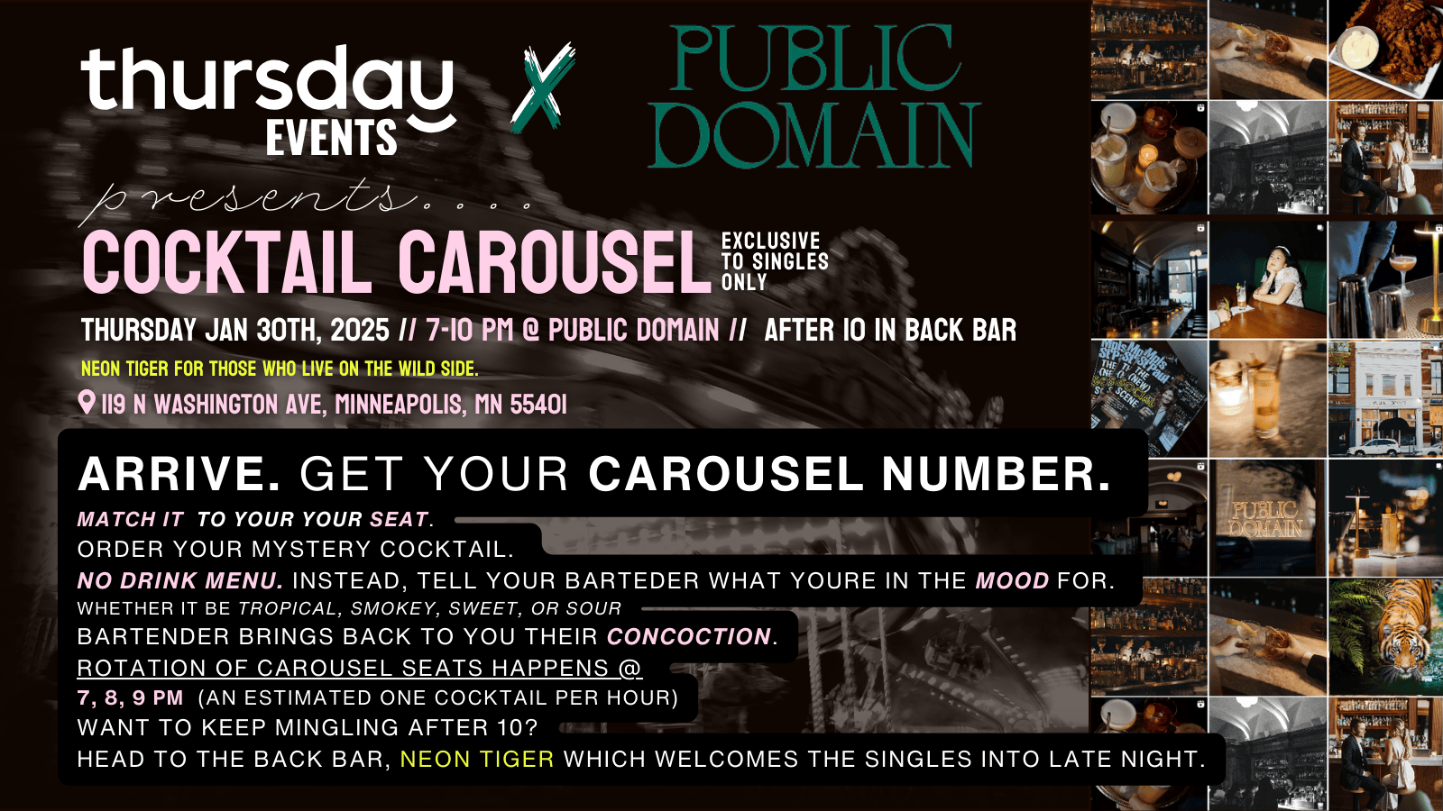 Thursday | Singles Cocktail Carousel Event @ PUBLIC DOMAIN // NEON TIGER | Minneapolis