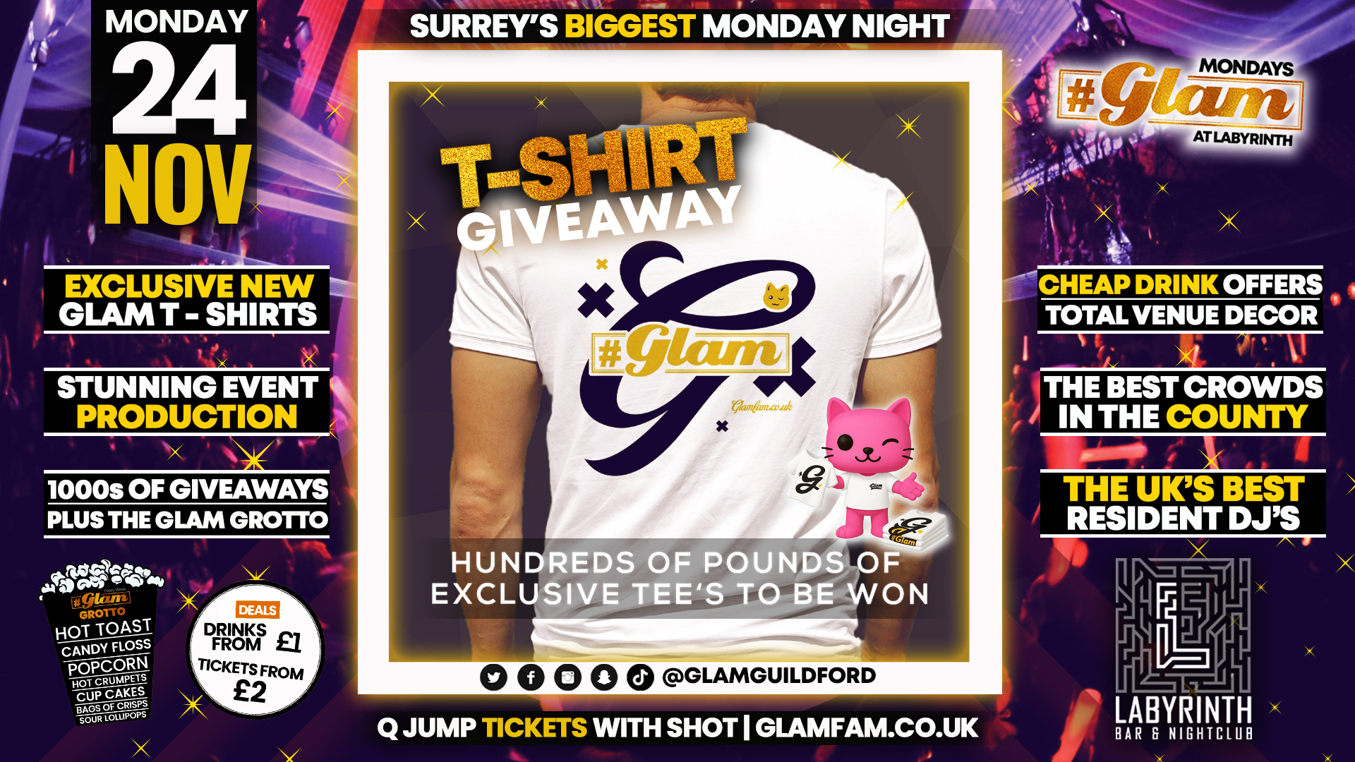 😻 Glam at Labyrinth 👕GLAM T SHIRT GIVEAWAY! 👚 Surrey’s Biggest Monday Night! 🤩