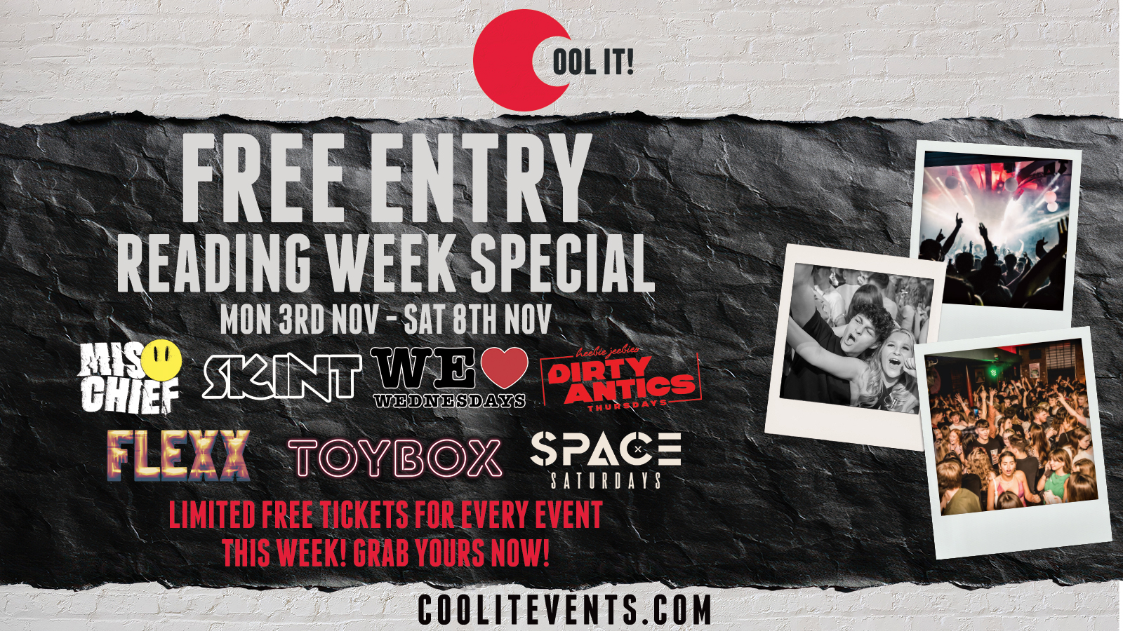 COOL IT READING WEEK FREEBIE SPECIAL 🎉🆓🎟️ – LIMITED FREE TICKETS TO ALL EVENTS THIS WEEK – FREE PLATINUM CARD IF YOU ATTEND EVERY EVENT 👀🤑