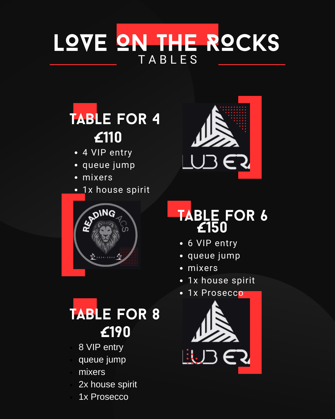 Group Ticket and VIP Love on the rocks TABLES