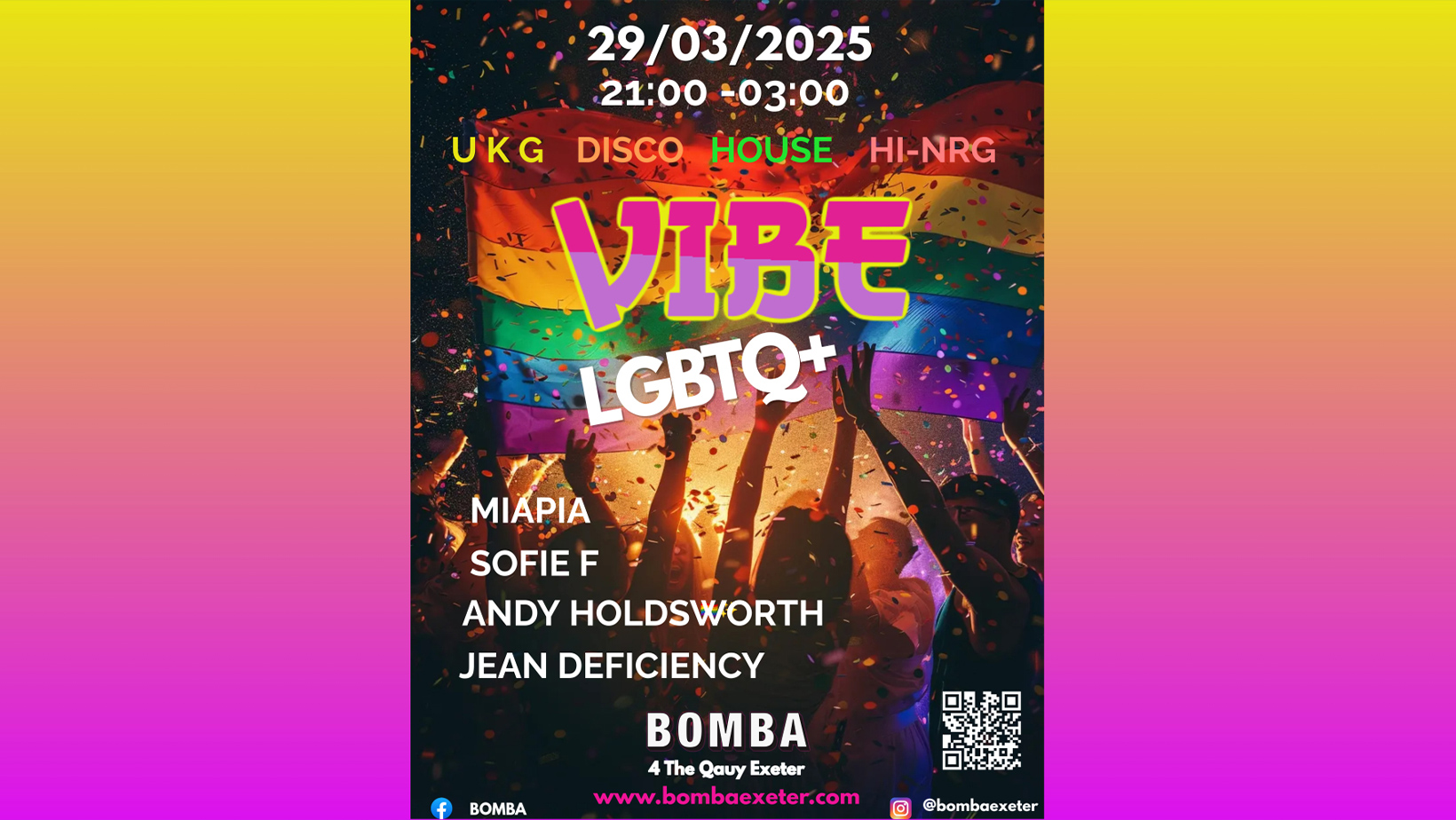 VIBE – LGBTQ+ – SAT MARCH 29 – BOMBA – EXETER