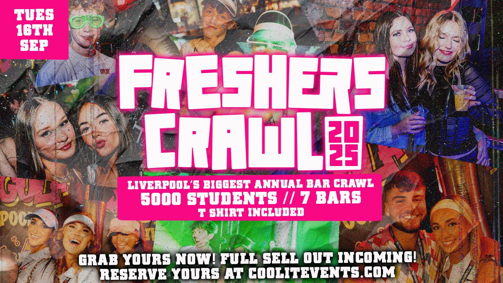 FRESHERS CRAWL 2025 ﻿﻿🍻👕- 🚨 SOLD OUT!!!! TICKETS TO END DESTINATION STILL AVAILABLE BELOW 🚨Liverpool’s BIGGEST Bar Crawl. FREE BAR CRAWL T SHIRT INCLUDED. ENDS @ Electrik WAREHOUSE hosted by HARRISON SOLOMON (Aka Yung Bull)