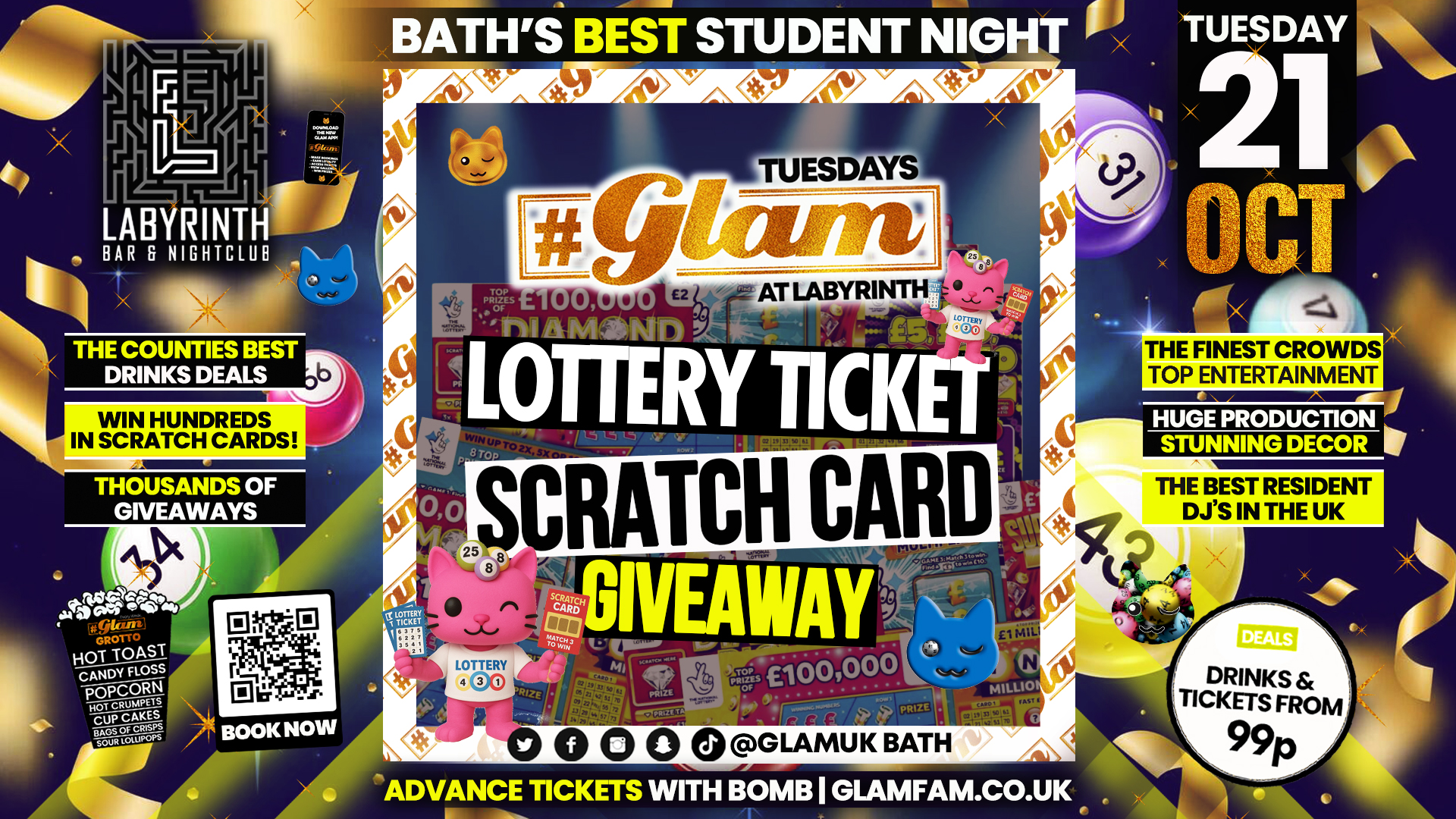 Glam – 8️⃣ LOTTERY & SCRATCH CARD GIVEAWAY 🎟️ | Bath’s Best Student Night! Every Tuesday at Labyrinth! 😻