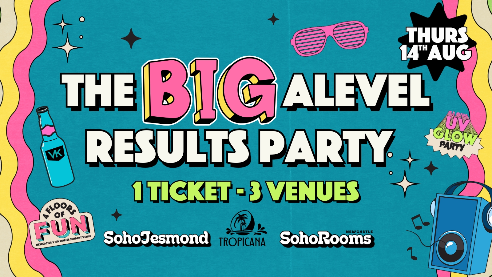 The BIG A Level Results Party | Thursday 14th August | Soho Jesmond | Tropicana | Soho Rooms | 91% Sold Out
