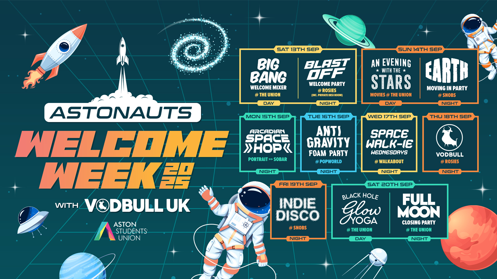 🪐[⚠️TONIGHT : FULL MOOON CLOSING PARTY @ THE SU⚠️] ⭐️ The OFFICIAL Aston University ASTONAUTS WELCOME WEEK PACK 2025 🪐 ALL STUDENTS, ALL UNIS, WELCOME! Freshers & Returners!!