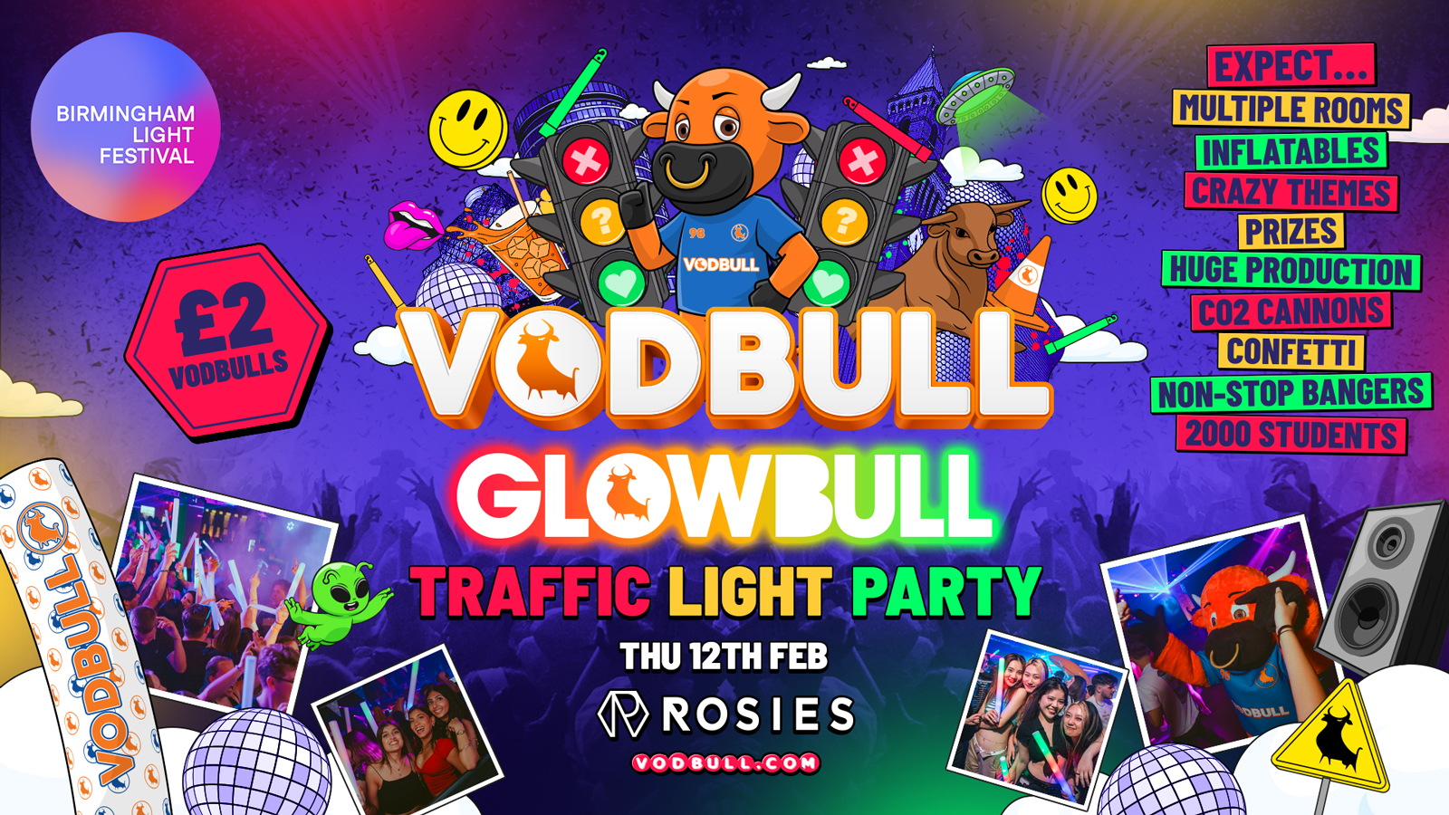 🧡 VODBULL GLOWBULL TRAFFIC LIGHT PARTY ⚠️[FINAL TIX!!]⚠️ Proudly with Birmingham Light Festival at ROSIES!! 12/02