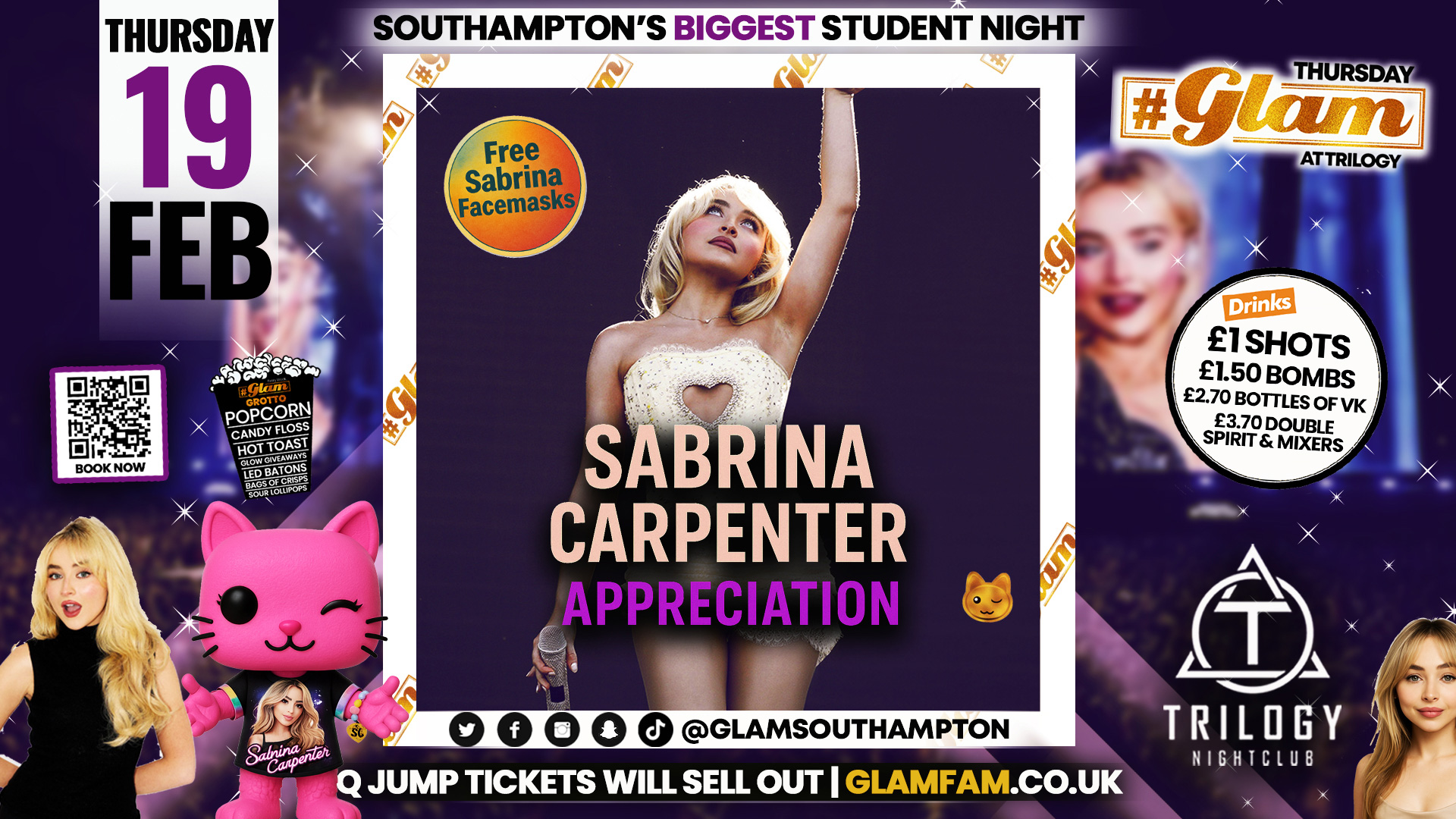 Glam Thursdays 🎤 SABRINA CARPENTER APPRECIATION 🎤 Southampton’s Best Student Night 😻 £1 Shots All Night! 🥃
