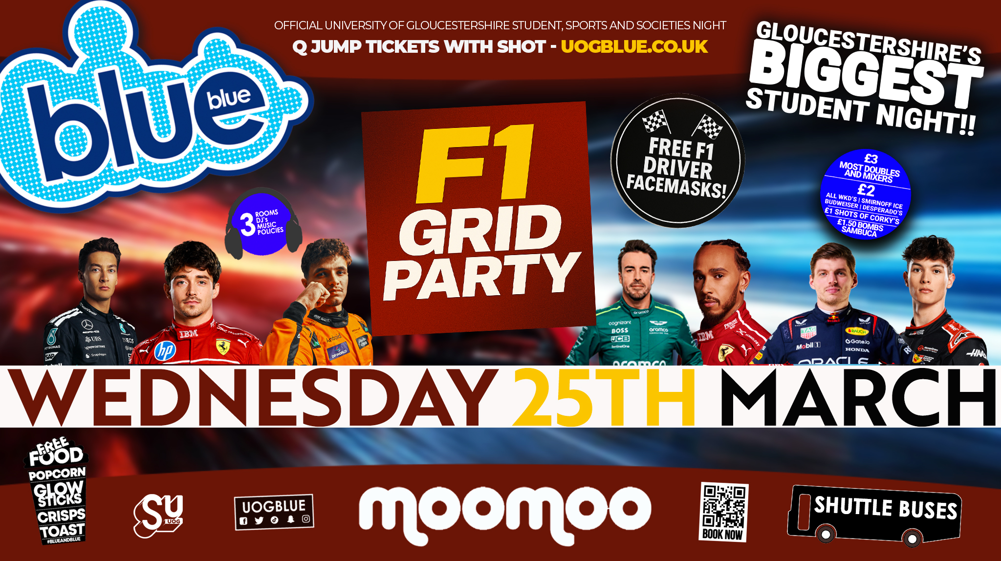Blue & Blue Wednesdays 🏁🏎️ F1 GRID PARTY! 🏎️🏁 Gloucestershire’s Biggest Student Night! 🤯