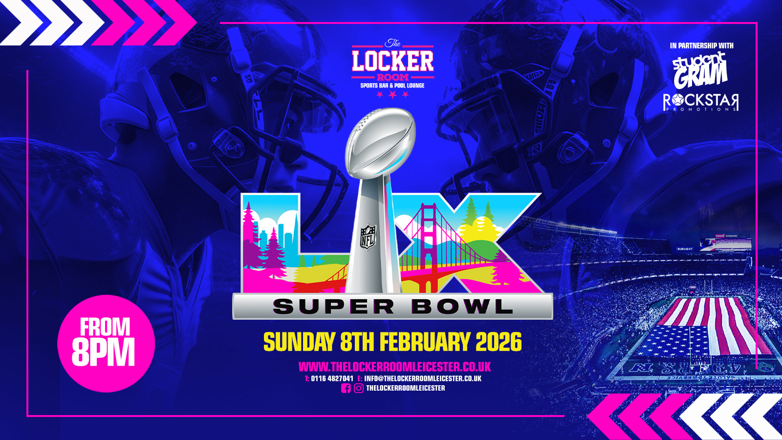 Promotional image for 🏈 SUPER BOWL 2026 – LEICESTER’S BIGGEST WATCH PARTY 🏈