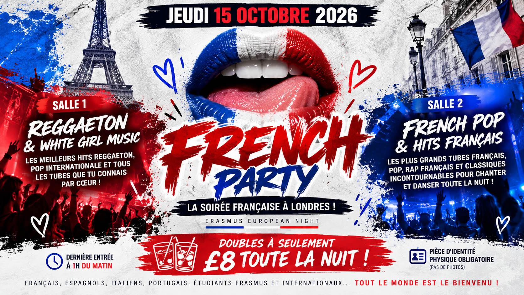 🇫🇷 FRENCH PARTY — EURASMUS EUROPEAN NIGHT 🇪🇺 🇫🇷 LA SOIRÉE FRANÇAISE À LONDRES ! 🇫🇷 French Music + White Girl Music & Reggaeton 🔥 JEUDI 15 OCTOBRE — SWAY BAR