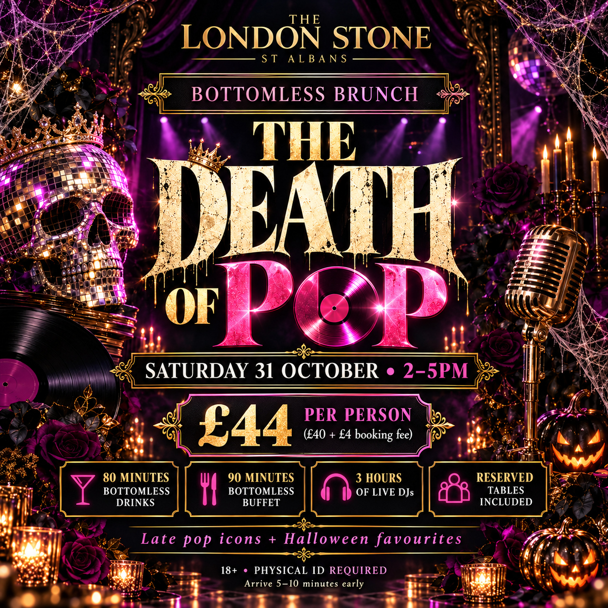 Bottomless brunch - The DEATH of pop  🕺 All your fav late pop icons plus Halloween great event poster