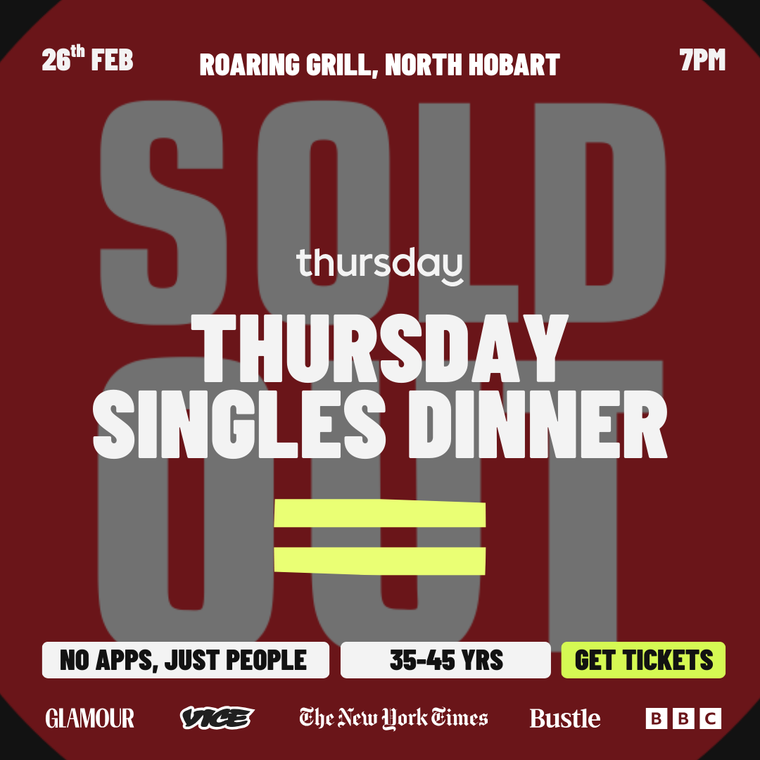 SOLD OUT – NEXT EVENT 11TH MARCH – Thursday | Singles Dinner (35-45) | Roaring Grill | Hobart