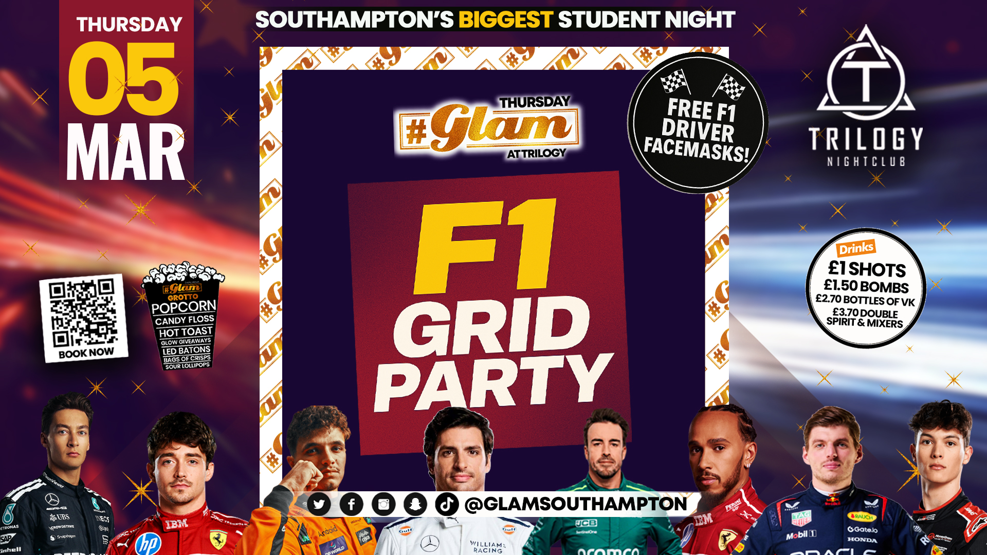 Glam Thursdays ﻿🏎️ F1 GRID PARTY 🏎️ Southampton’s Best Student Night 😻 £1 Shots All Night! 🥃