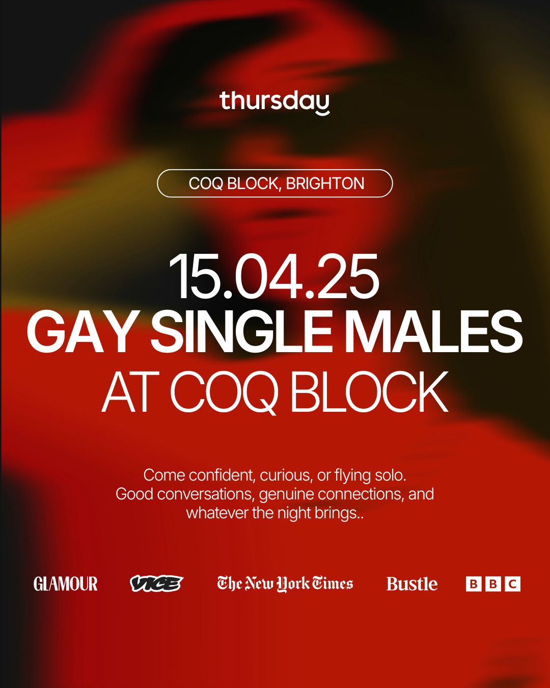 Thursday | Gay Men’s Singles Mixer | Coq Block
