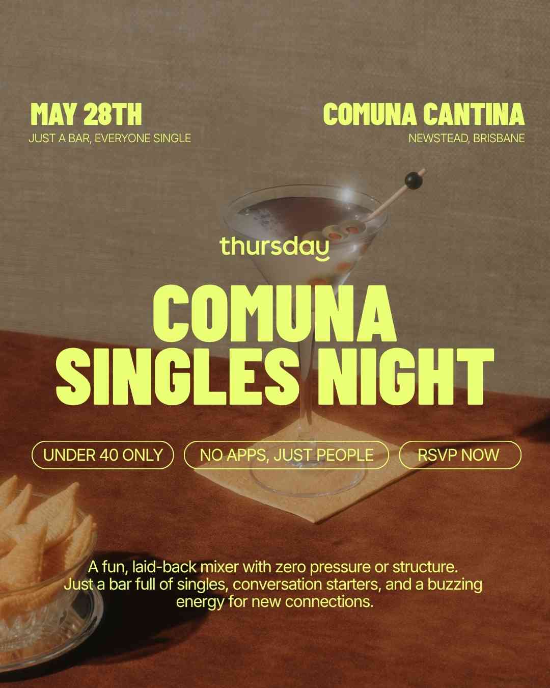 Thursday | Singles Mixer @ Comuna Cantina (U40) | Newstead