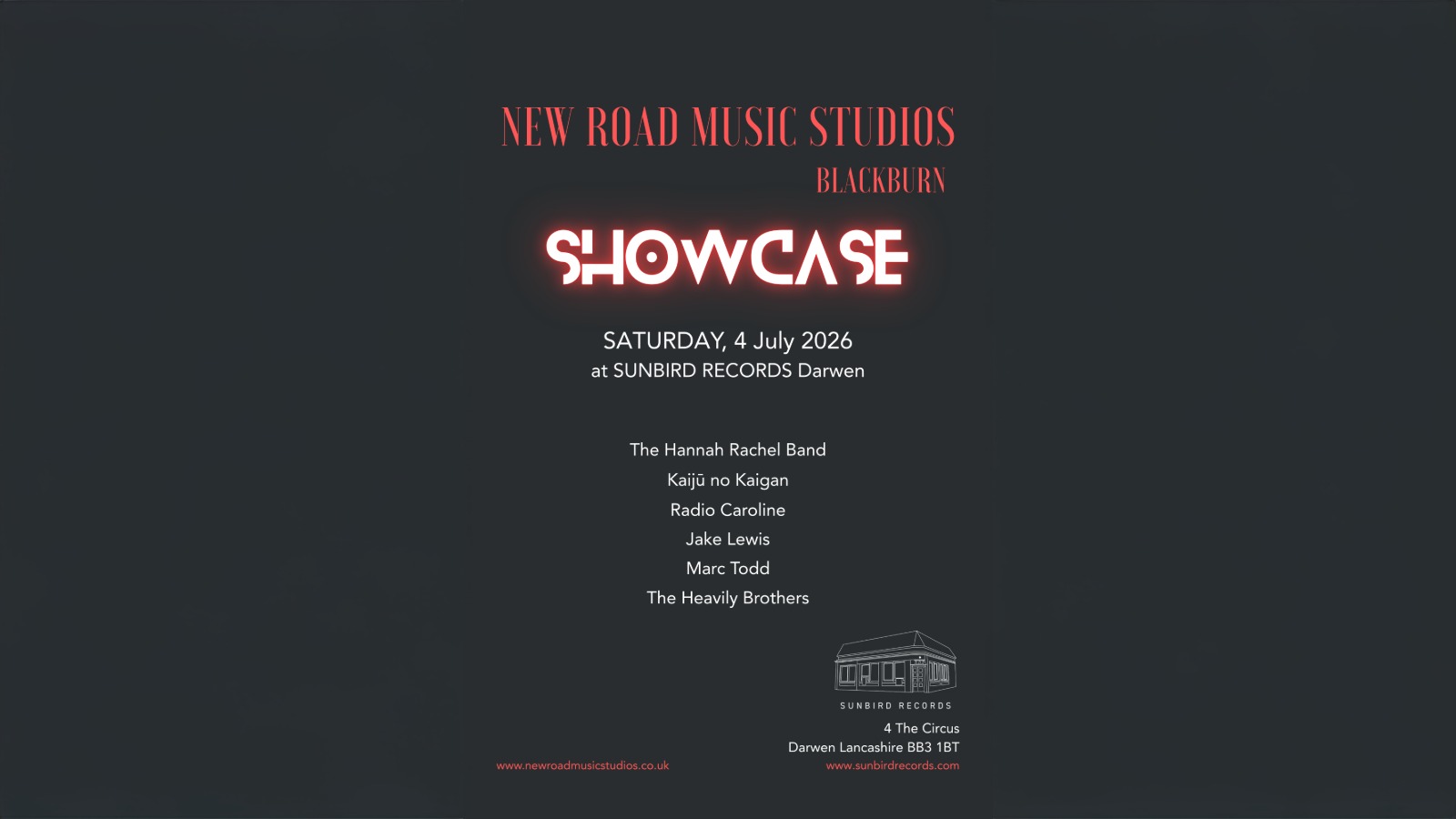 New Road Music Studios Showcase – Saturday 4th July 2026 | Sunbird Records, Darwen