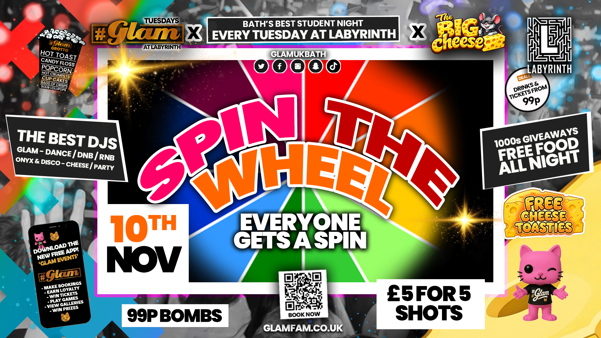 😻  GLAM |  SPIN THE WHEEL!! 🎡☸️2 Brands - One HUGE NIGHT! 🤯|  5 Shots for £5 and 99p Bombs! Plus Tickets and from 99p!‼️