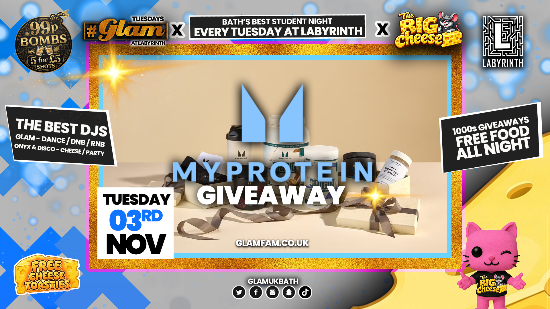 😻  GLAM |  MY PROTEIN GIVEAWAY! 💪💪🏼💪🏿 2 Brands - One HUGE NIGHT! 🤯| 5 Shots for £5 and 99p Bombs! Plus Tickets and from 99p!‼️