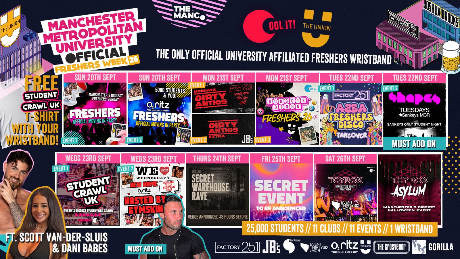 MANCHESTER MET - MMU - OFFICIAL All Access Freshers Wristband 2026 🎟️ YOUR OFFICIAL FRESHERS WRISTBAND - INCLUDES MANCHESTER'S BEST CLUBS / BIGGEST WEEKLY STUDENT BRANDS / SPECIAL GUESTS INCL GYMSKIN/ DANI BABES / SCOTT VAN DER SLUIS & MUCH MORE! ⚡️