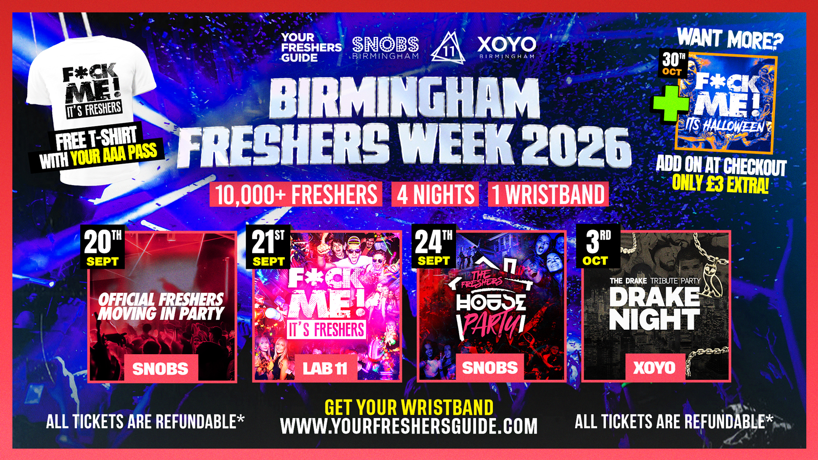 Birmingham Freshers Week Wristband 2026 - Official Your Freshers Guide - Includes Snobs, LAB11, XOYO & More! | Birmingham Freshers 2026 - Free T-Shirt With Every Ticket 👕