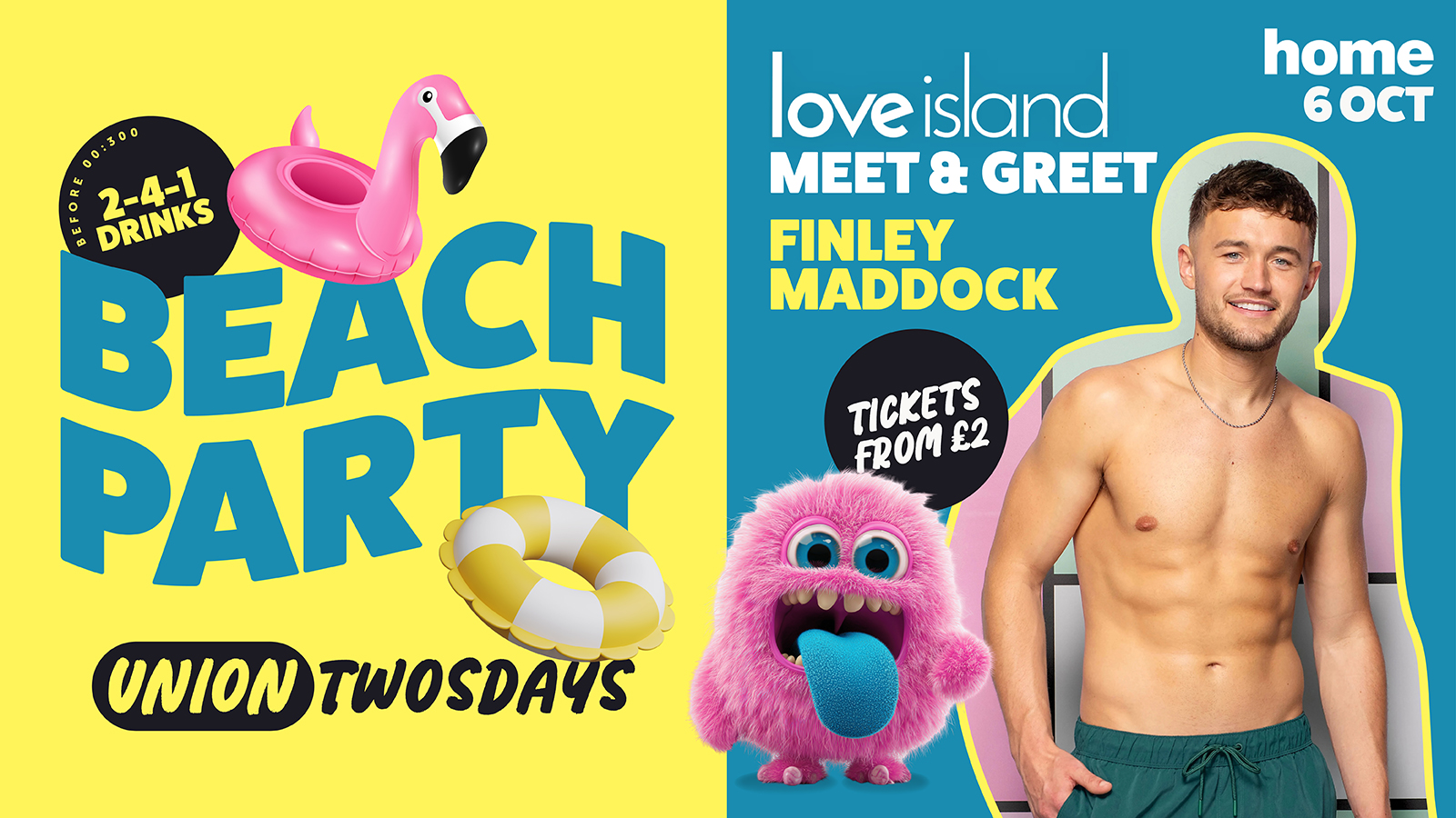 🏖️ Union Twosdays Presents: Beach Party FT LOVE ISLAND’S FINLEY MADDOCK MEET & GREET 🌴☀️ FINAL 100 TICKETS 🎟️