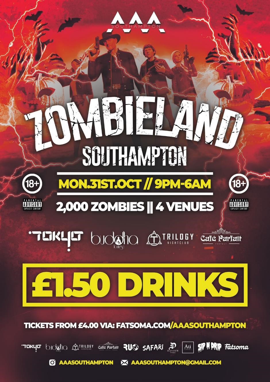 Zombieland Bar Crawl: Multi-Venue Halloween Party – 31/10/22 – Final 200tickets