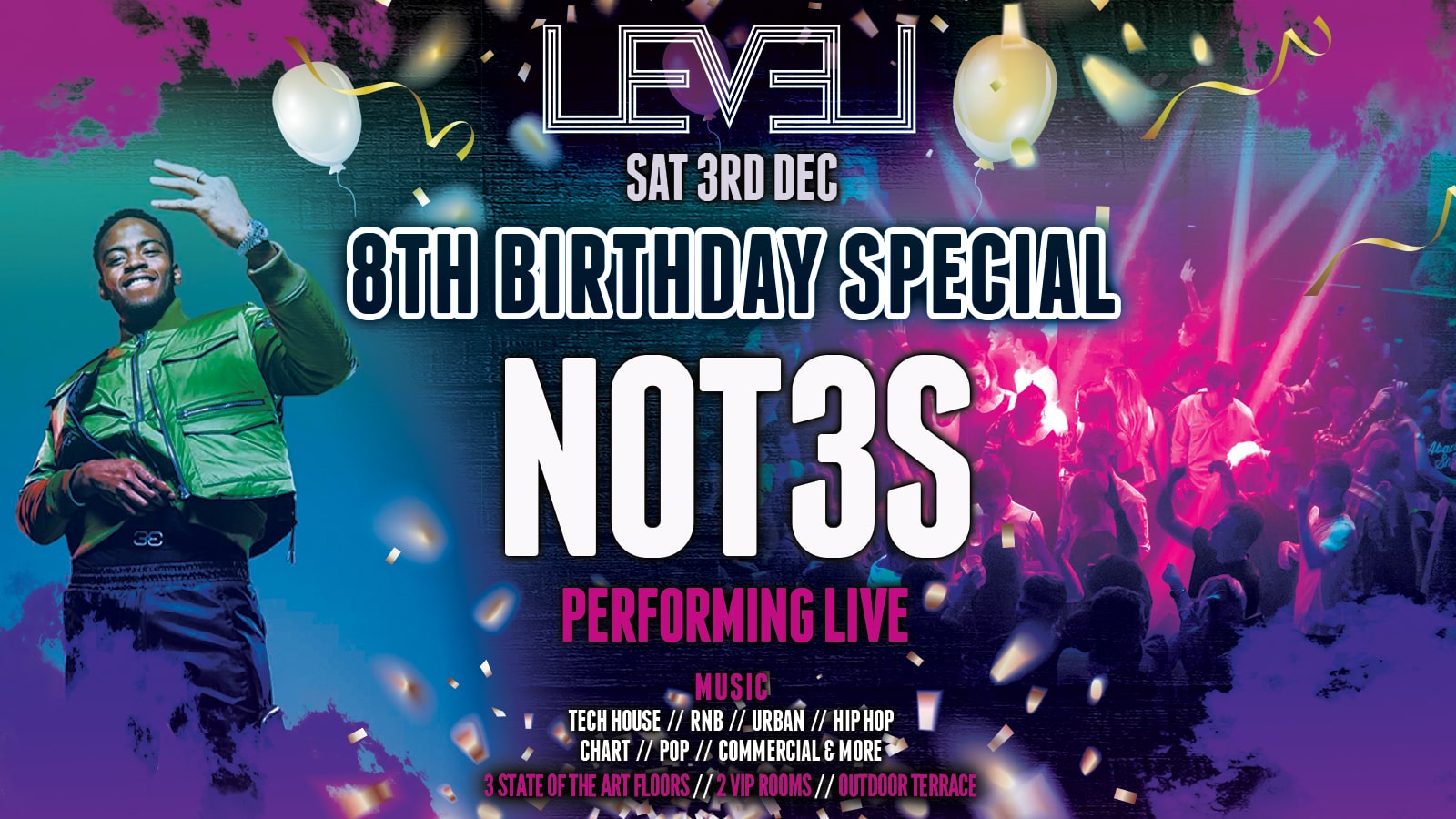 Confetti Saturdays : NOT3S Live – LEVEL’s 8th Birthday Party!