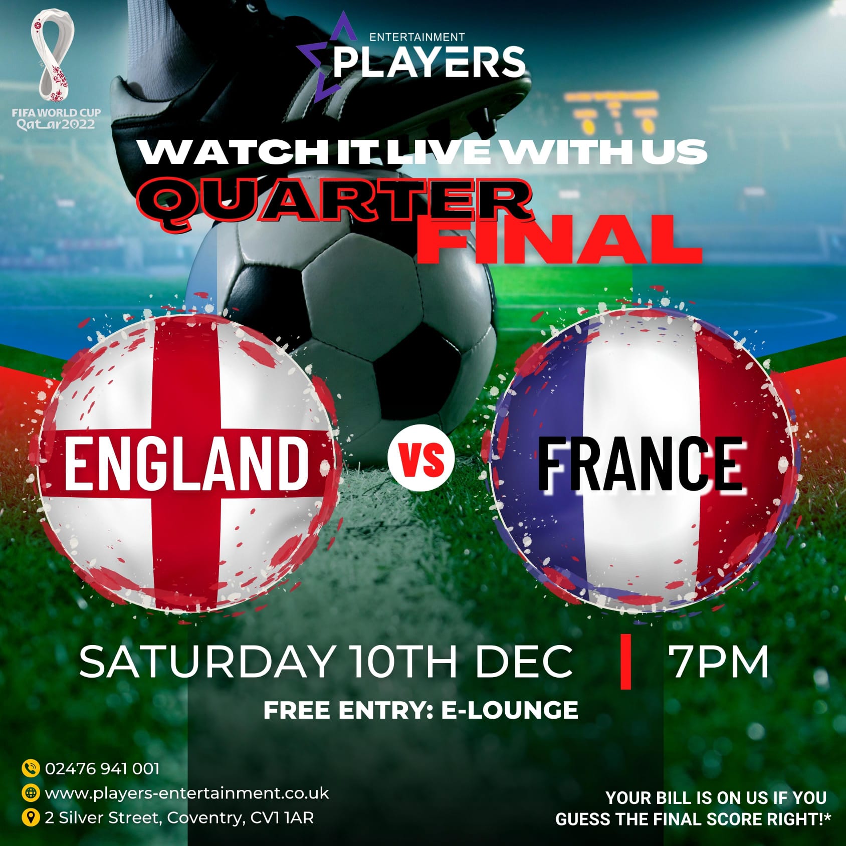 ENGLAND VS FRANCE LIVE AT PLAYERS COVENTRY at Players Entertainment, Coventry on 10th Dec 2022 Fatsoma