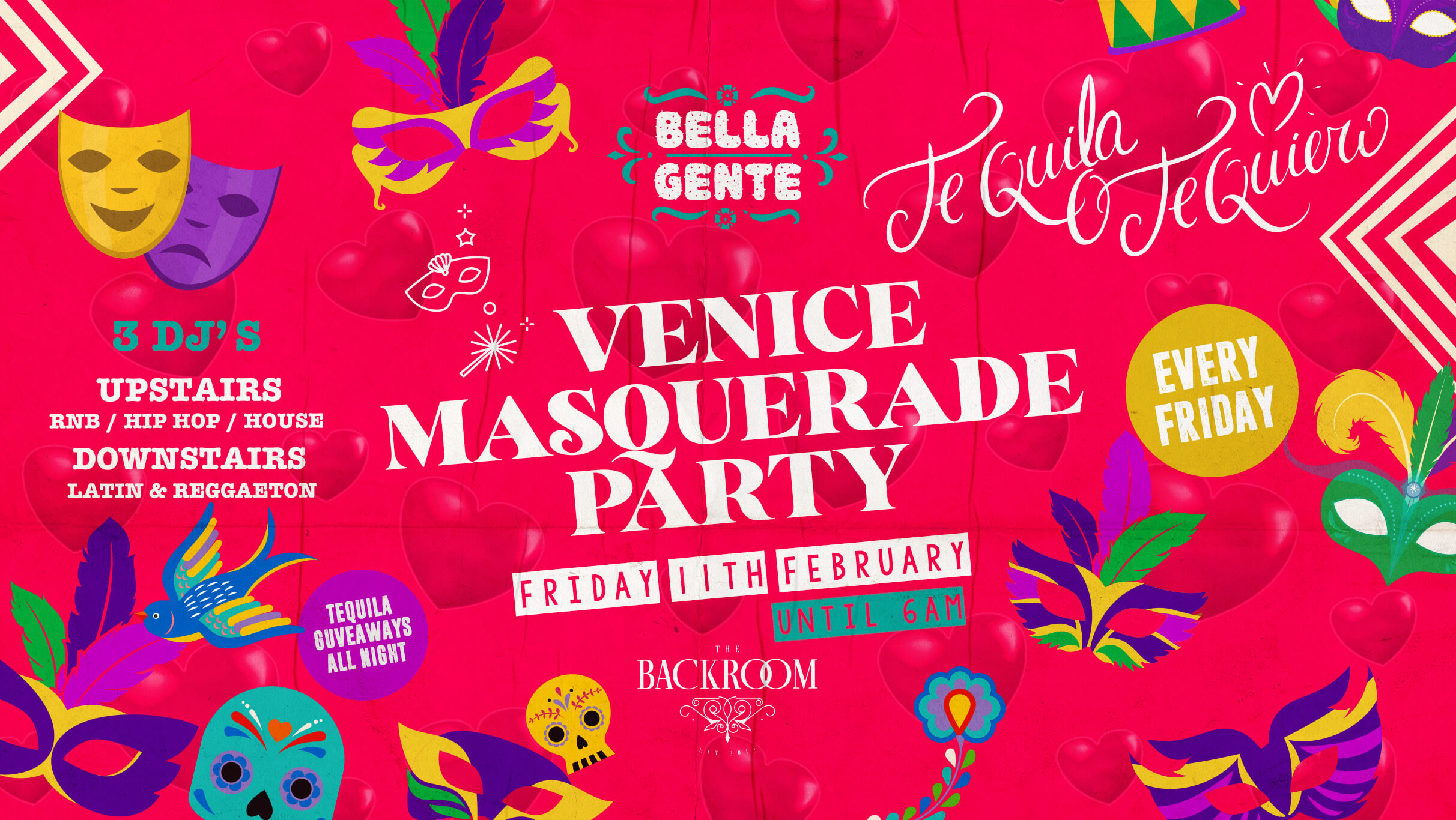 Bella Gente x Reggaeton Fiesta 💃 x Venice Masquerade 🎭 – The Backroom – Friday 11th February