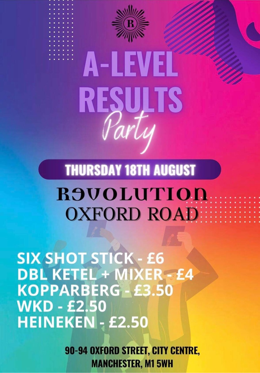 A Level Results Party At Revolution Manchester Oxford Road