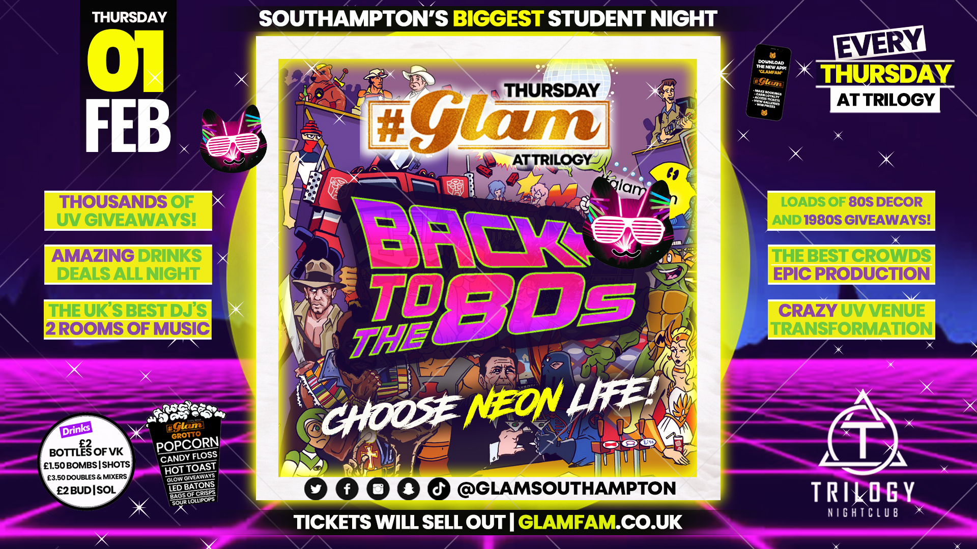 GET TICKETS BEFORE THEY SELL OUT – Glam – Southampton’s Biggest Student Night – 80’s Neon Rave – Thursdays at Trilogy