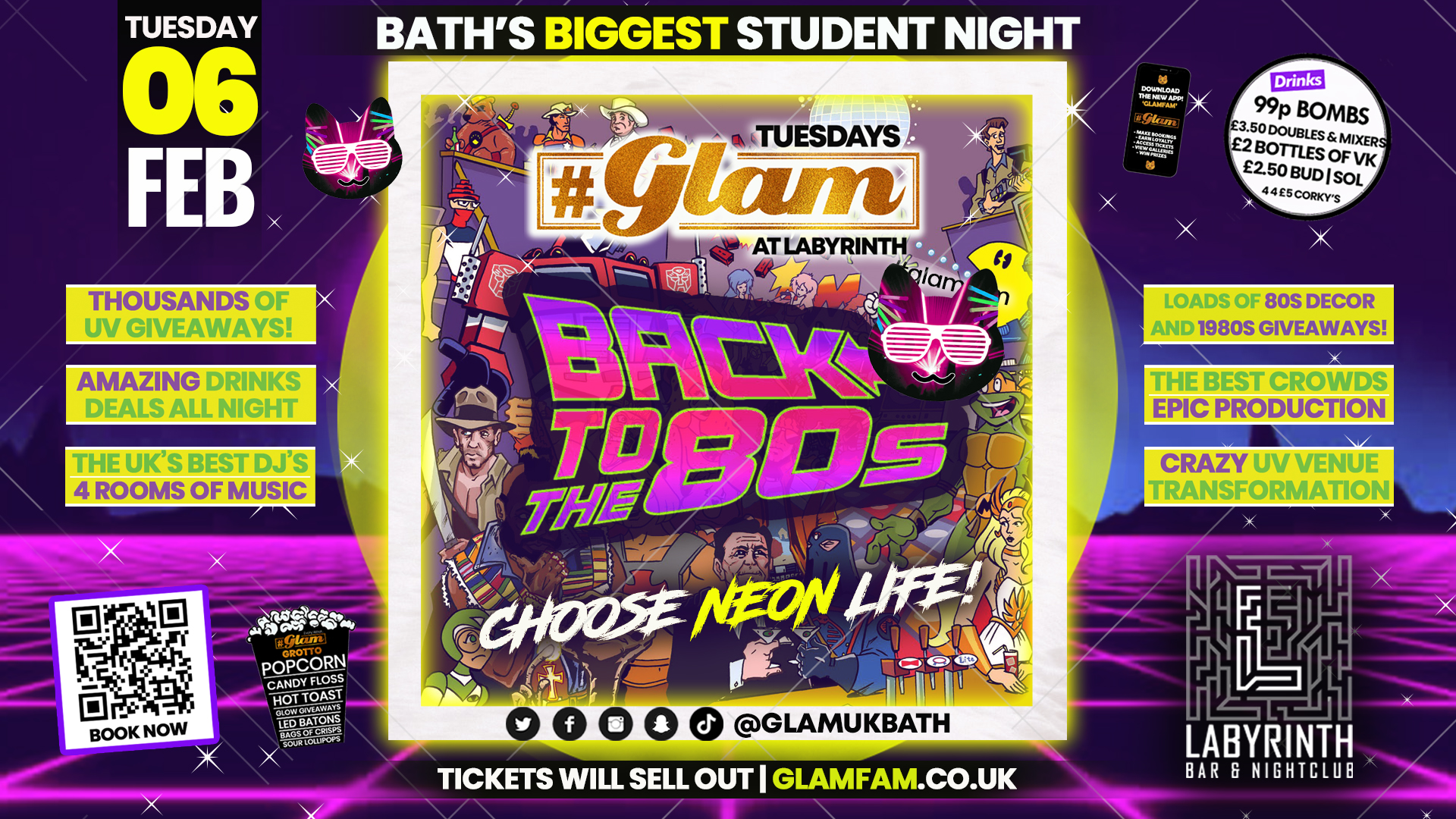 🔥TONIGHT🔥Glam – Bath’s Biggest Student Night – 80’s Neon Rave🤩  | Tuesdays at Labs