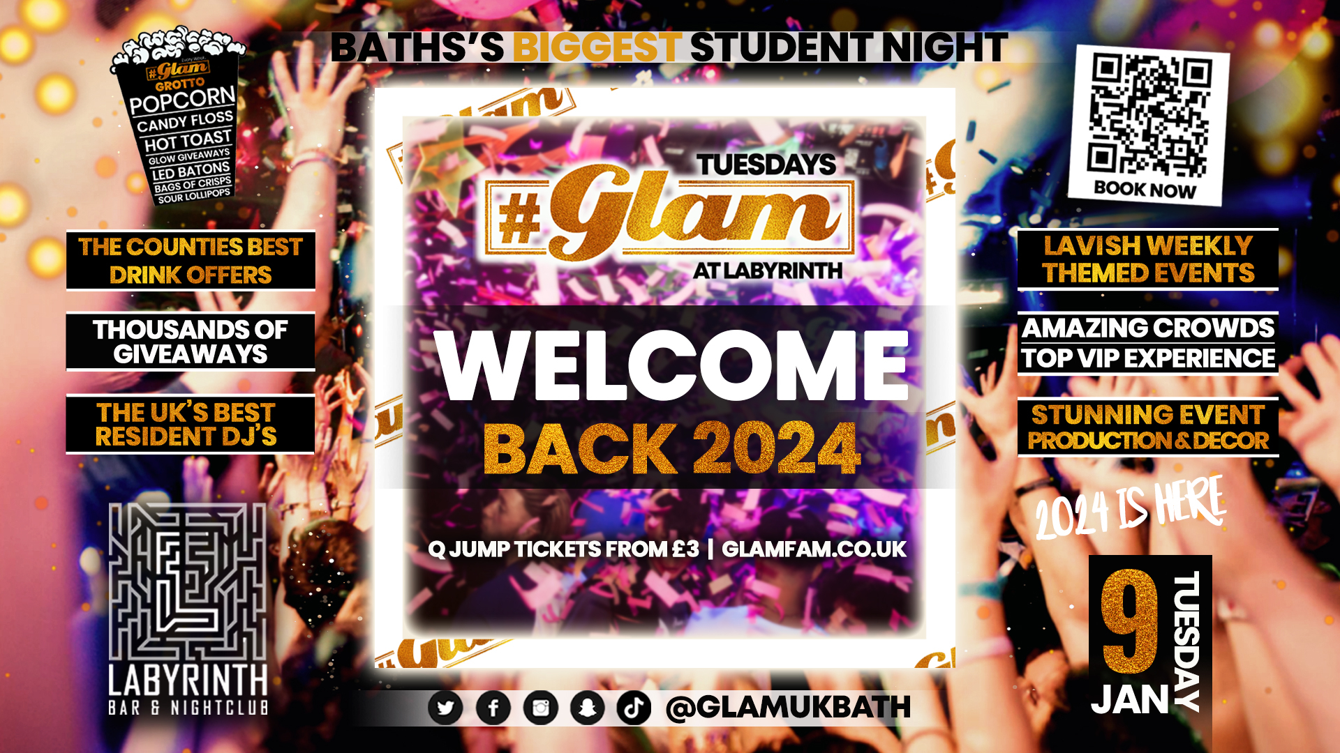 TONIGHT – GLAM IS BACK 2024!! 😻 Glam – Bath’s Biggest Student Night | Welcome Back 2024 – Tuesdays at Labs