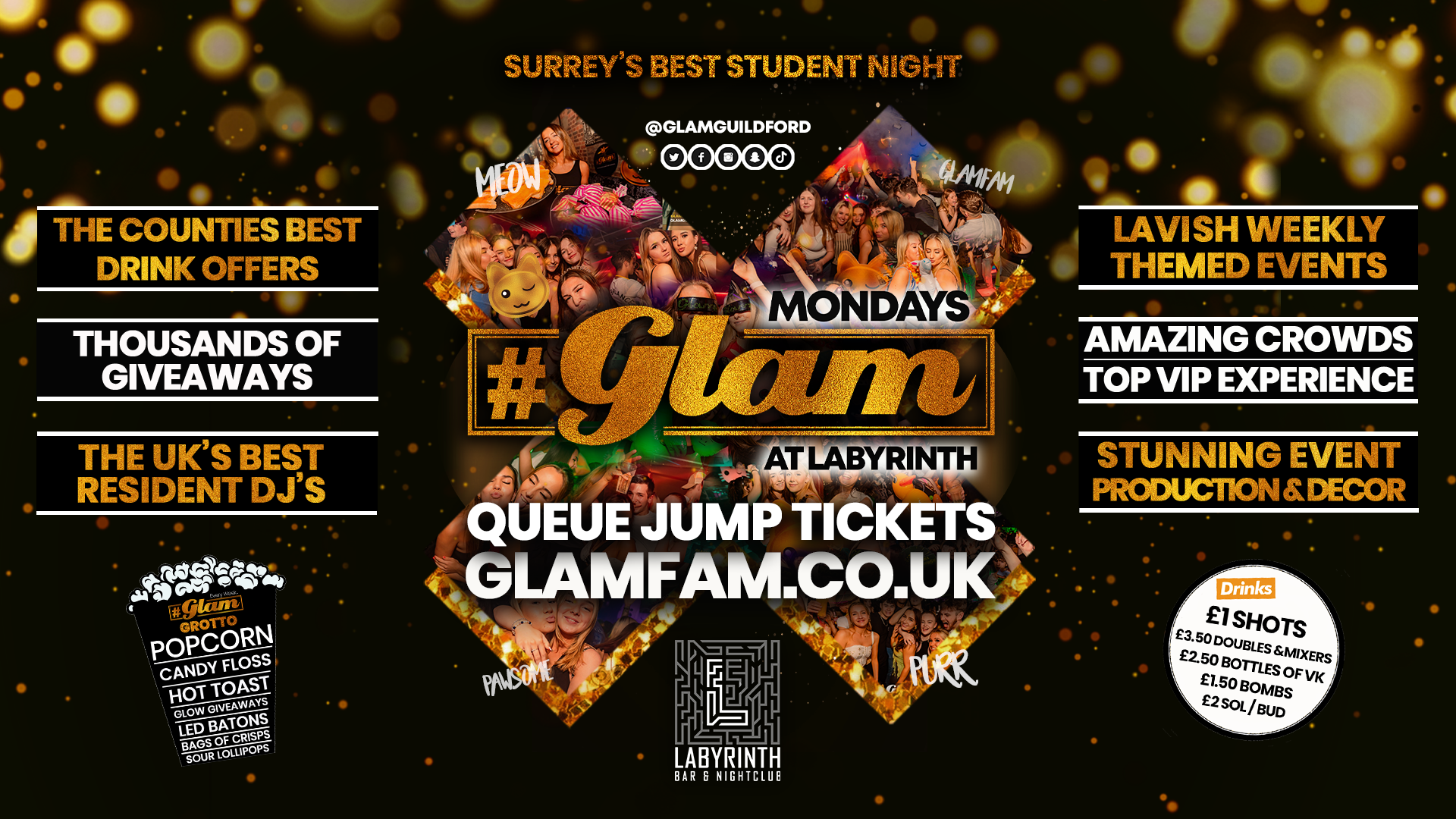 TONIGHT – FIRST GLAM OF 2024!! 😻 Glam – Surrey’s Best Student Events! Mondays at Labyrinth