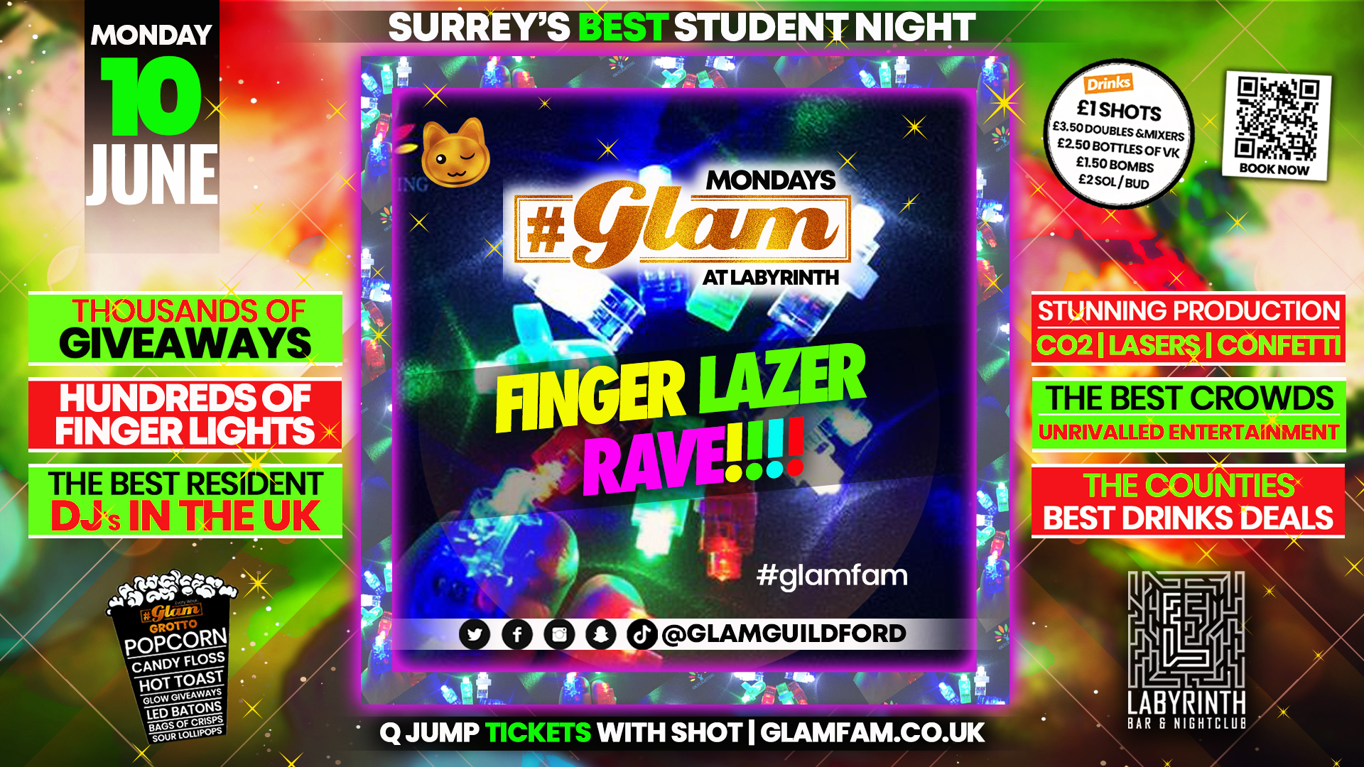 Glam – Surrey’s Best Student Events! Finger Lazer Rave 💡