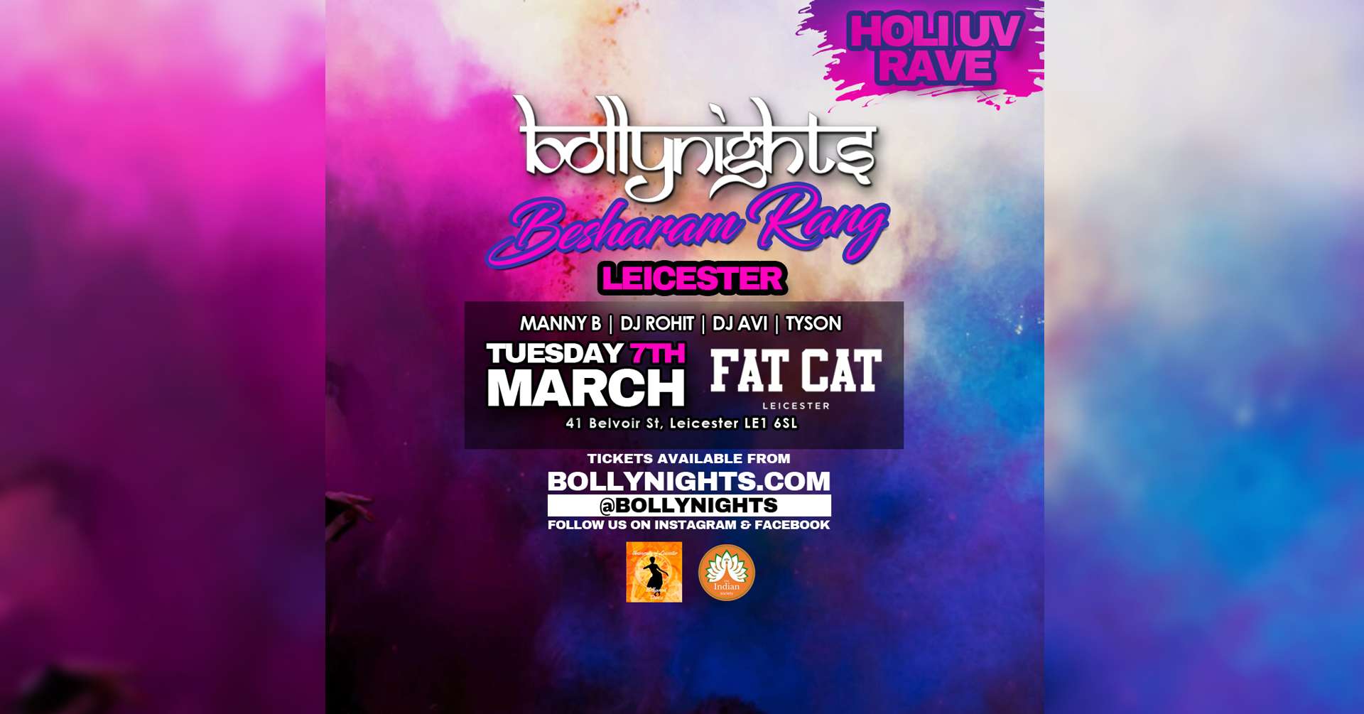 Bollynights Leicester: HOLI UV RAVE – BESHARAM RANG  Tuesday  7th March @FATCATS