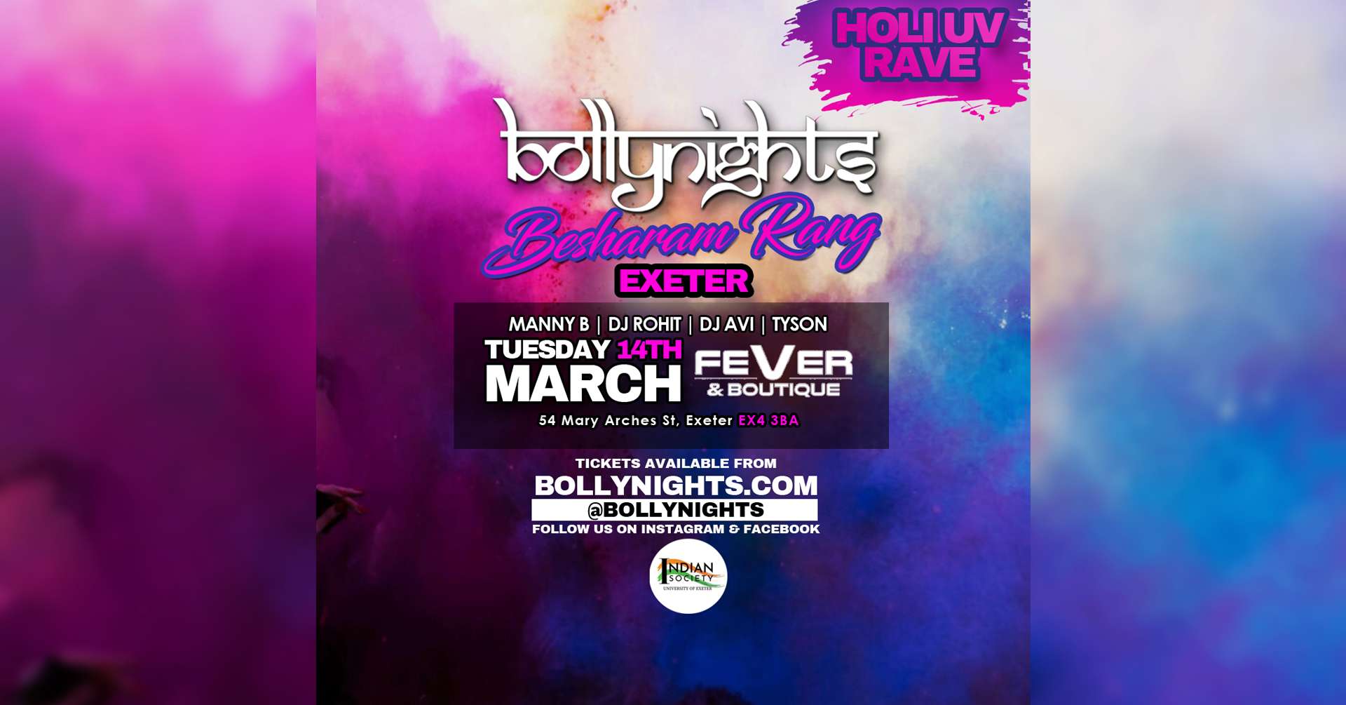 Bollynights Exeter – HOLI UV RAVE – BESHARAM RANG – TUESDAY 14TH MARCH | FEVER